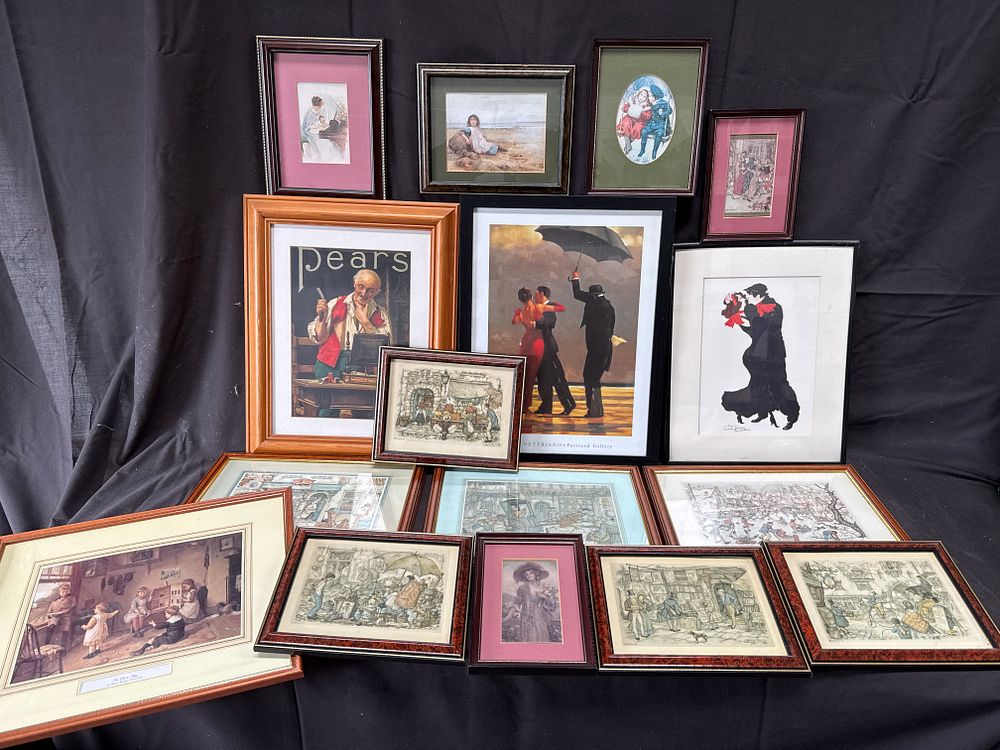 Lot 308: A Collection of Framed Decorative Prints including Jack Vettriano, Pears, and Gordon Browne