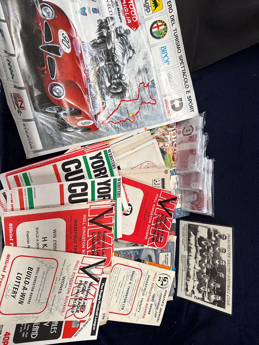 Lot 322: A Collection of Sports Memorabilia and Automobilia featuring a 1990 Jorge Ferreyra Mille Miglia Poster and Hull Kingston Rovers Programmes