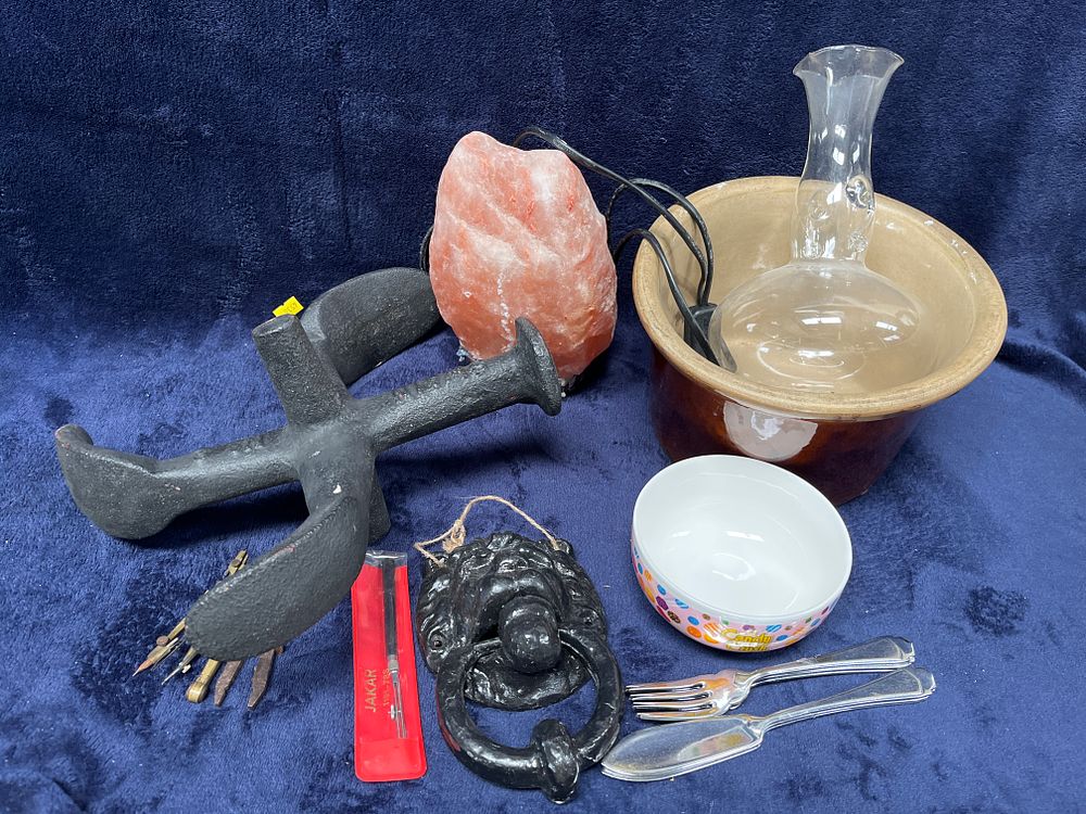 Lot 417: An Assortment of Decorative and Household Items including a Cast Iron Stand, Salt Lamp, and Glassware