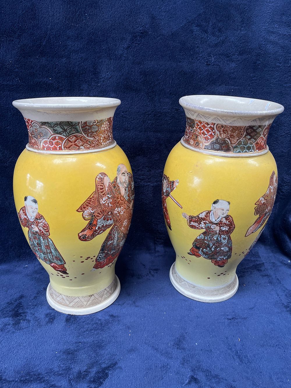 Lot 439: A Pair of Yellow Ground Earthenware Vases in the Satsuma Style 12 inches x 6 inches
