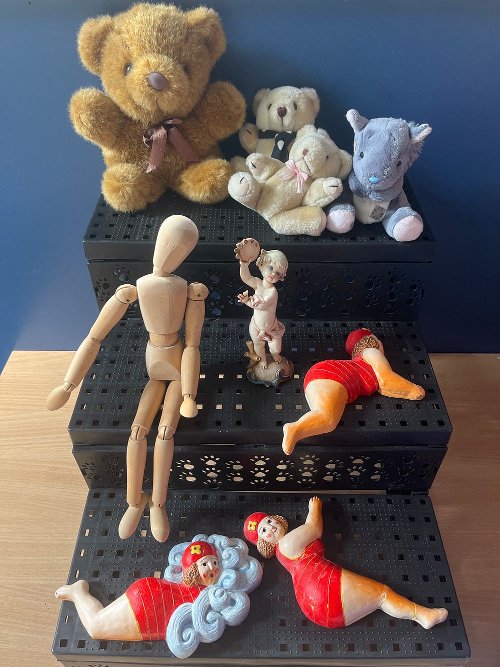 Lot 1002: A Collection of Teddy Bears, Art Deco Style Bather Figurines, and an Articulated Mannequin