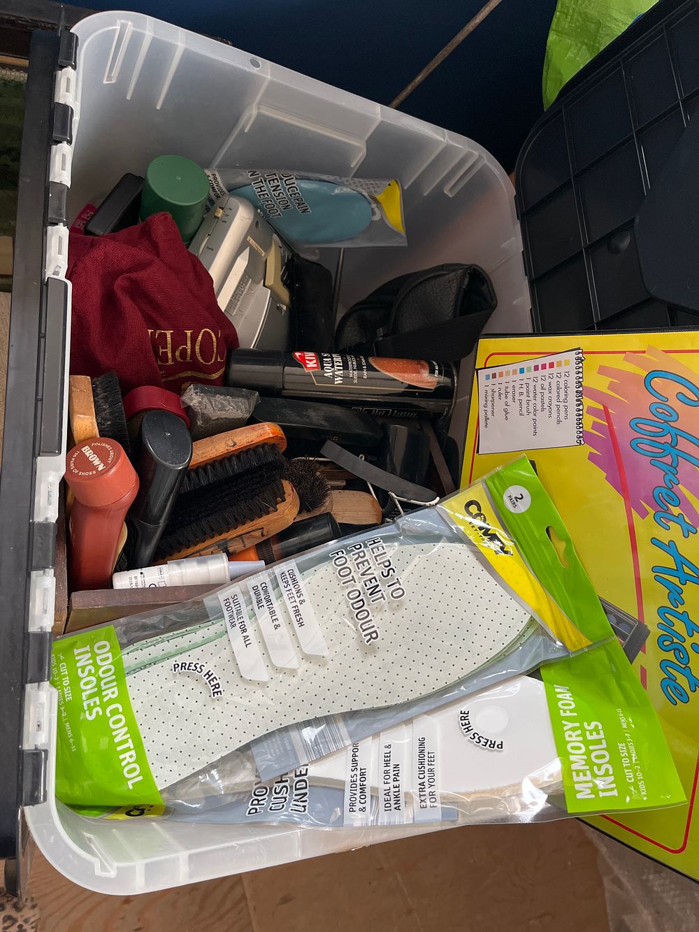 Lot 1045: An Assortment of Mixed Household Goods, Shoe Care, and Art Supplies
