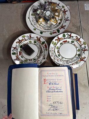 A Trio of Crown Staffordshire Hunting Scene Plates, a Masonic Presentation Book, and an 