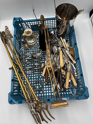 An Assortment of Silver-Plated Flatware, Metalware, and Fireplace Accessories. A large 