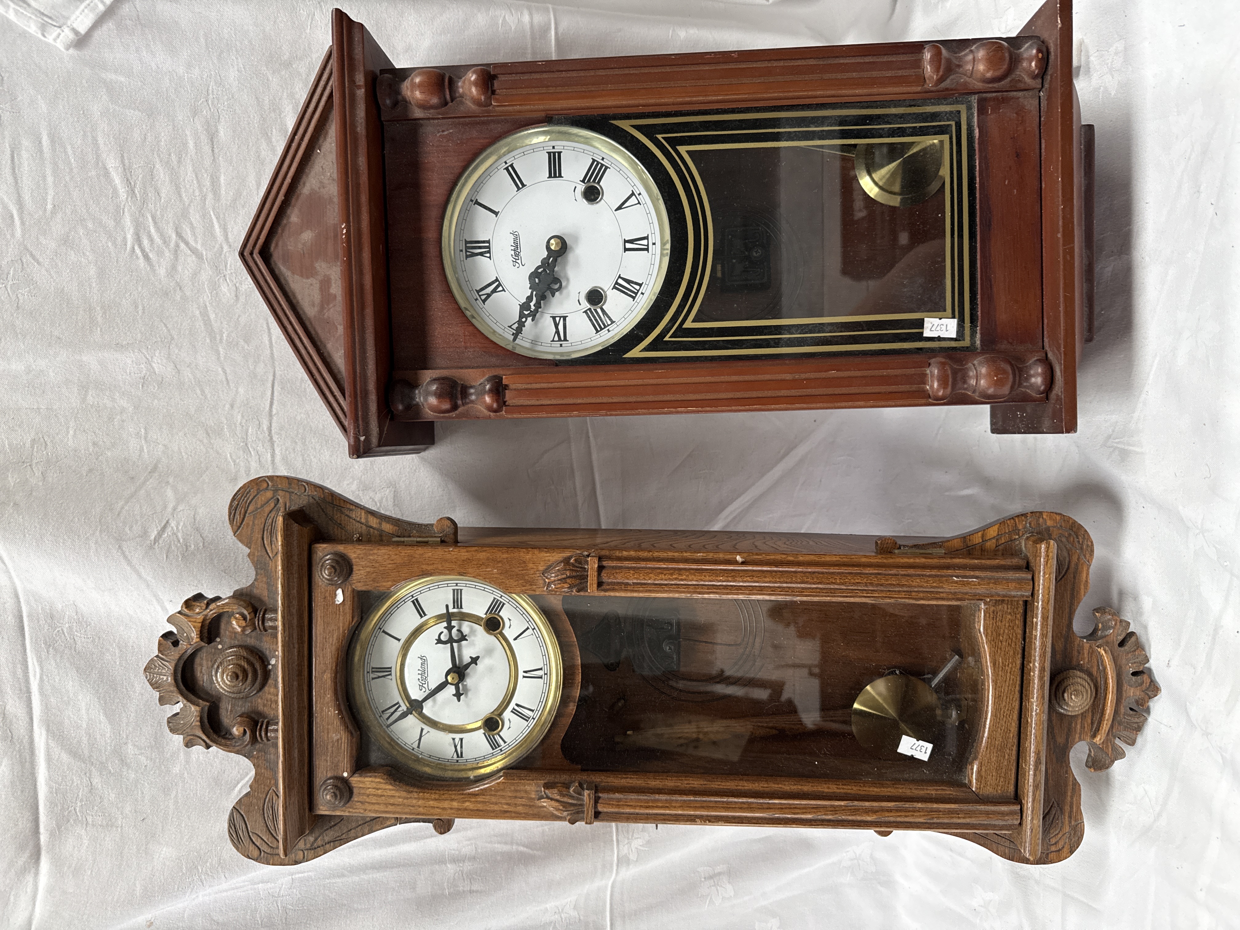 Two Highlands Mechanical Wall Regulator Clocks