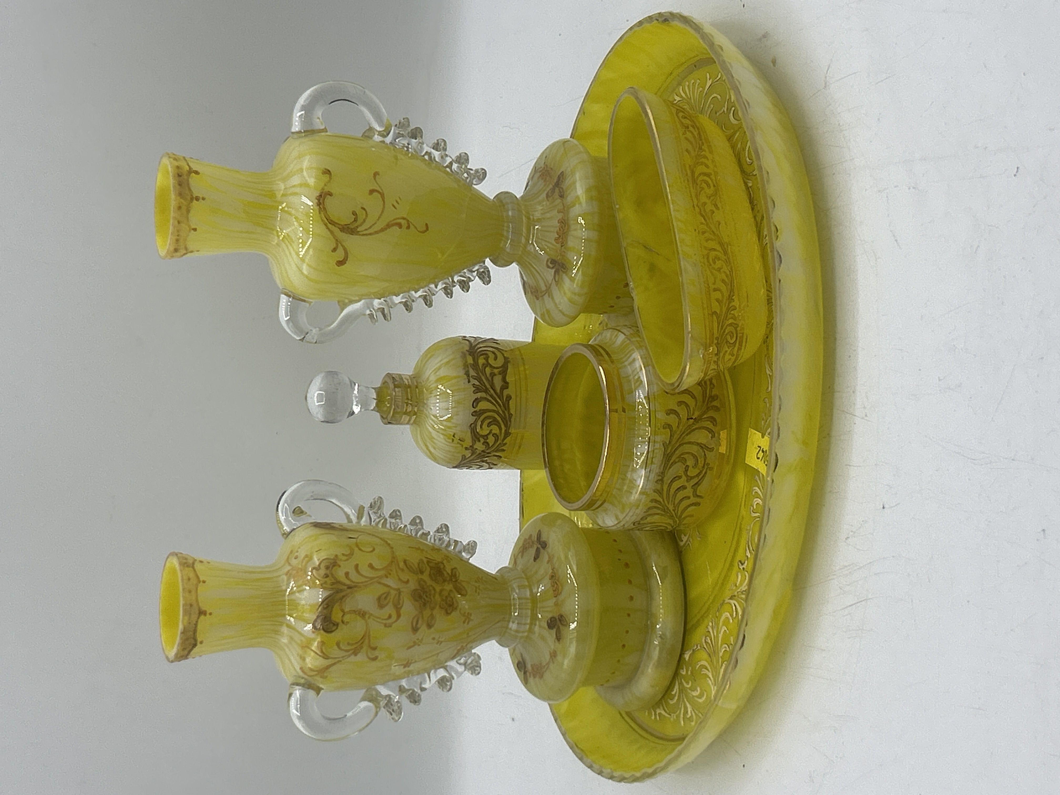 A Five-Piece Set of Victorian Yellow and White Marbled Art Glass Dressing Table Items