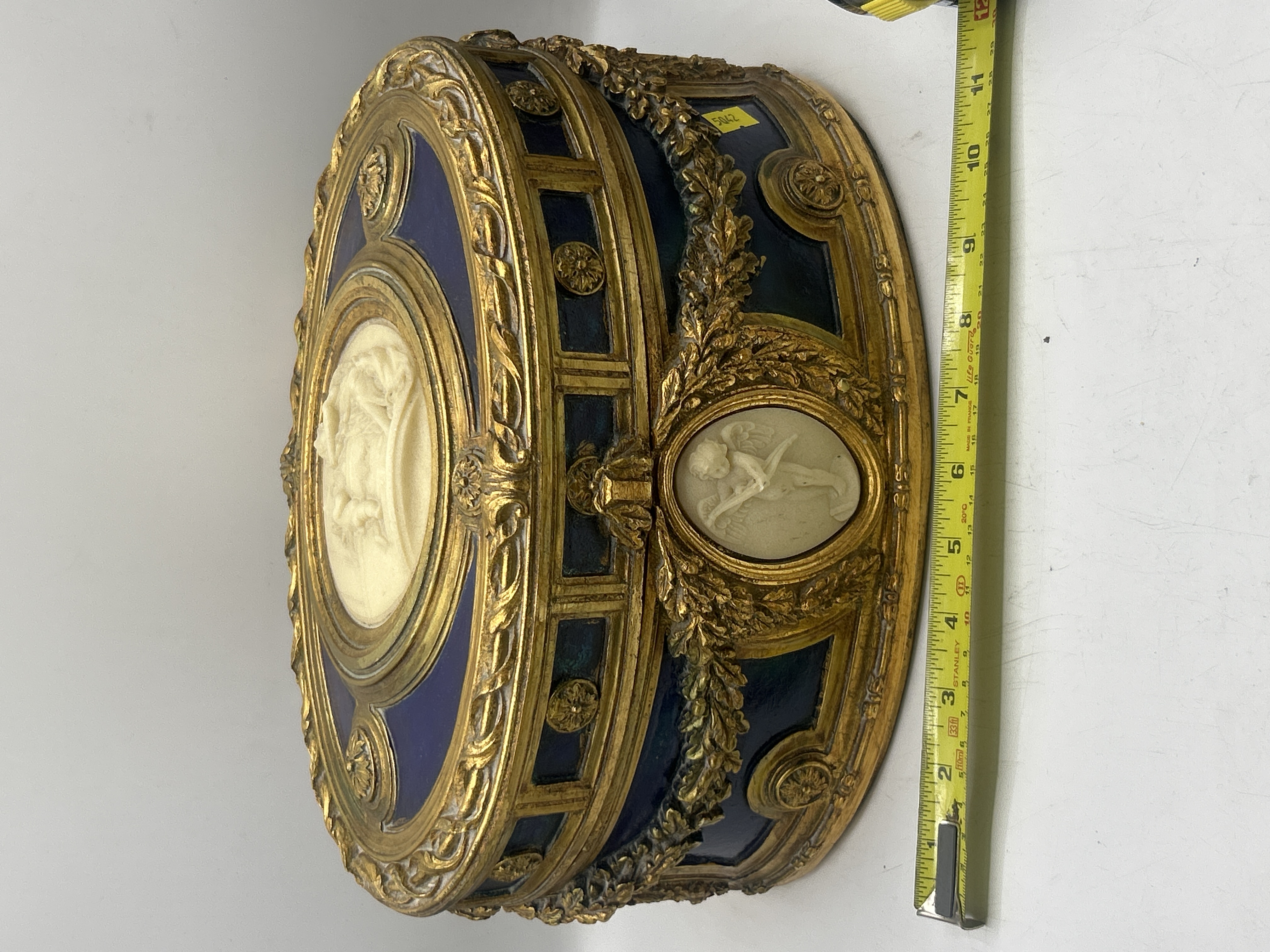 Gilt-Metal Effect and Blue Panel Neoclassical Style Oval Jewellery Casket
