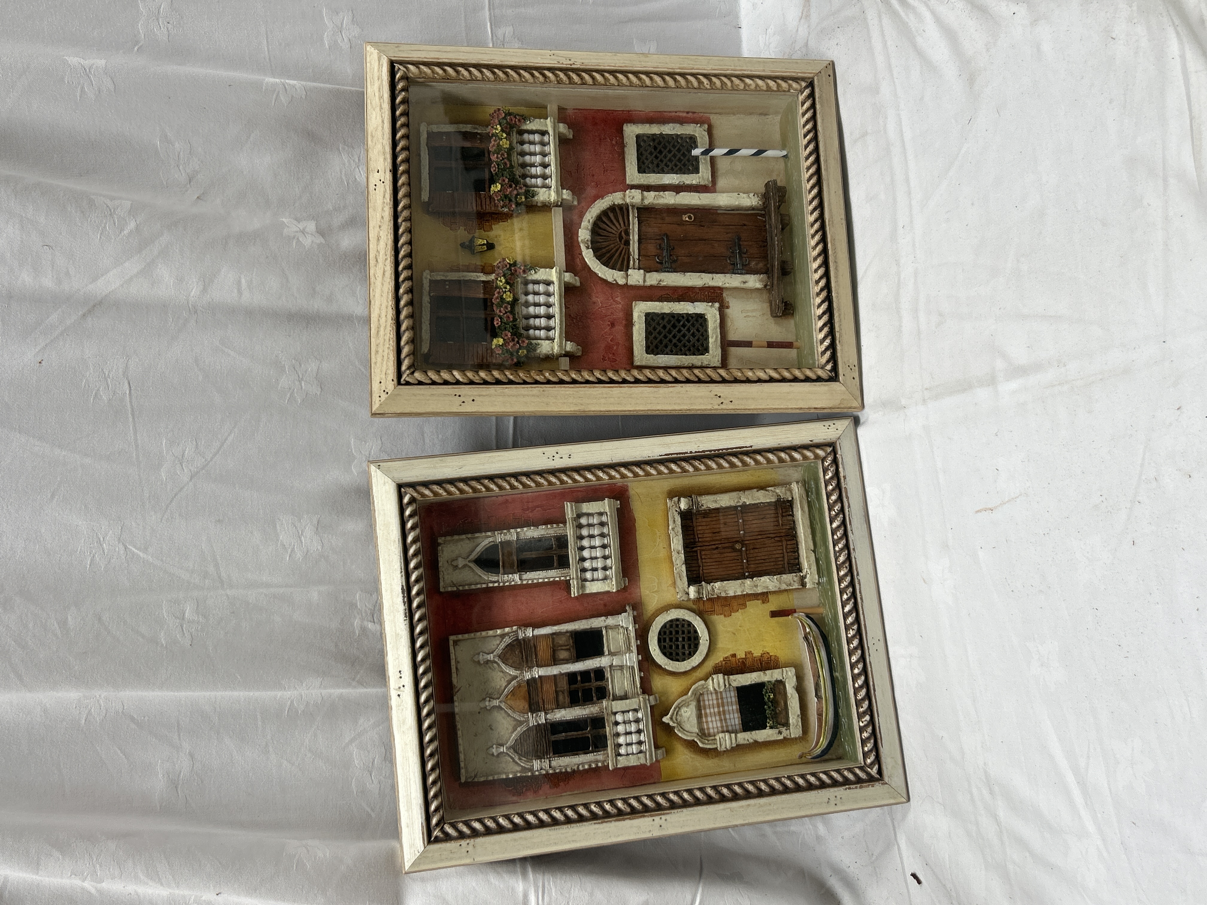 A Pair of Venetian Architectural Relief Sculptures, Hand-Painted Resin, Shadowbox Framed
