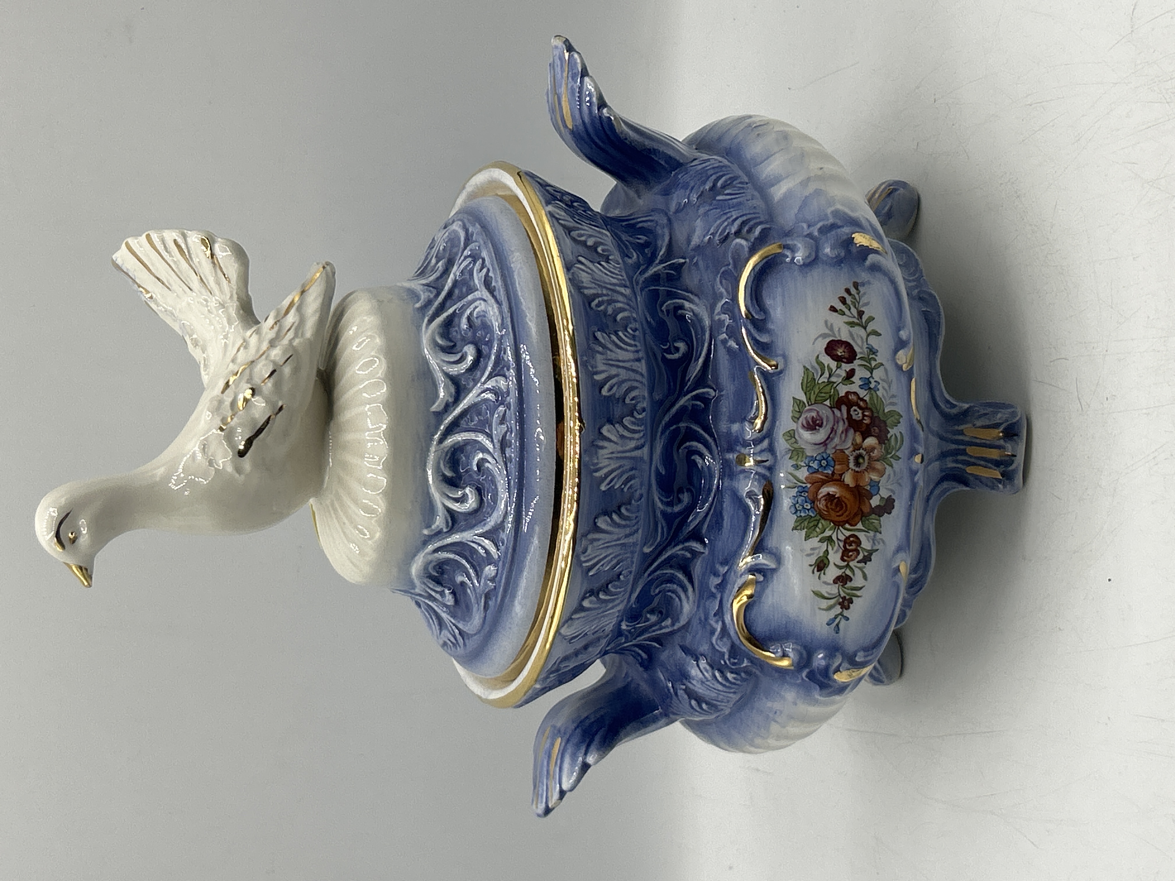 A Capodimonte ? Cobalt Blue Lidded Porcelain Jar with Dove Finial