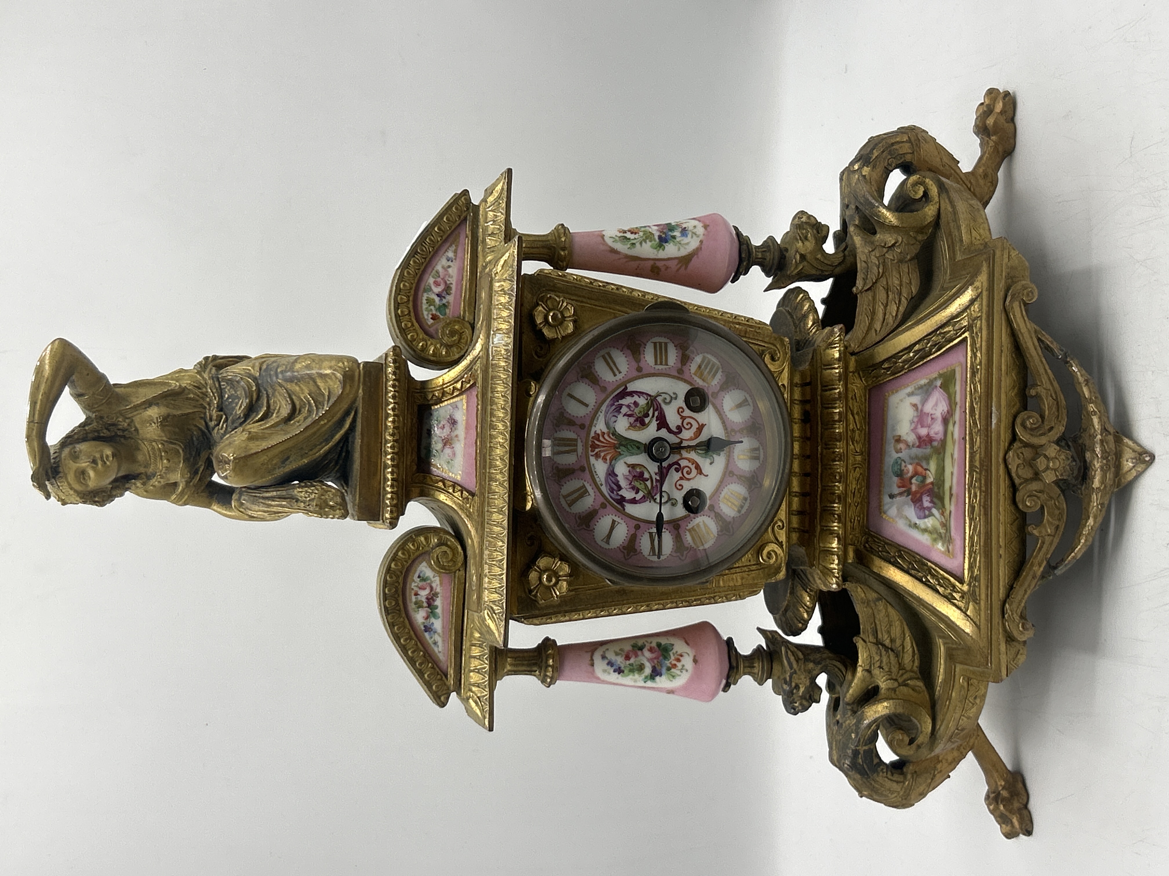 A Late 19th Century French Gilt Metal and Pink Porcelain Mantel Clock by Richard and Co