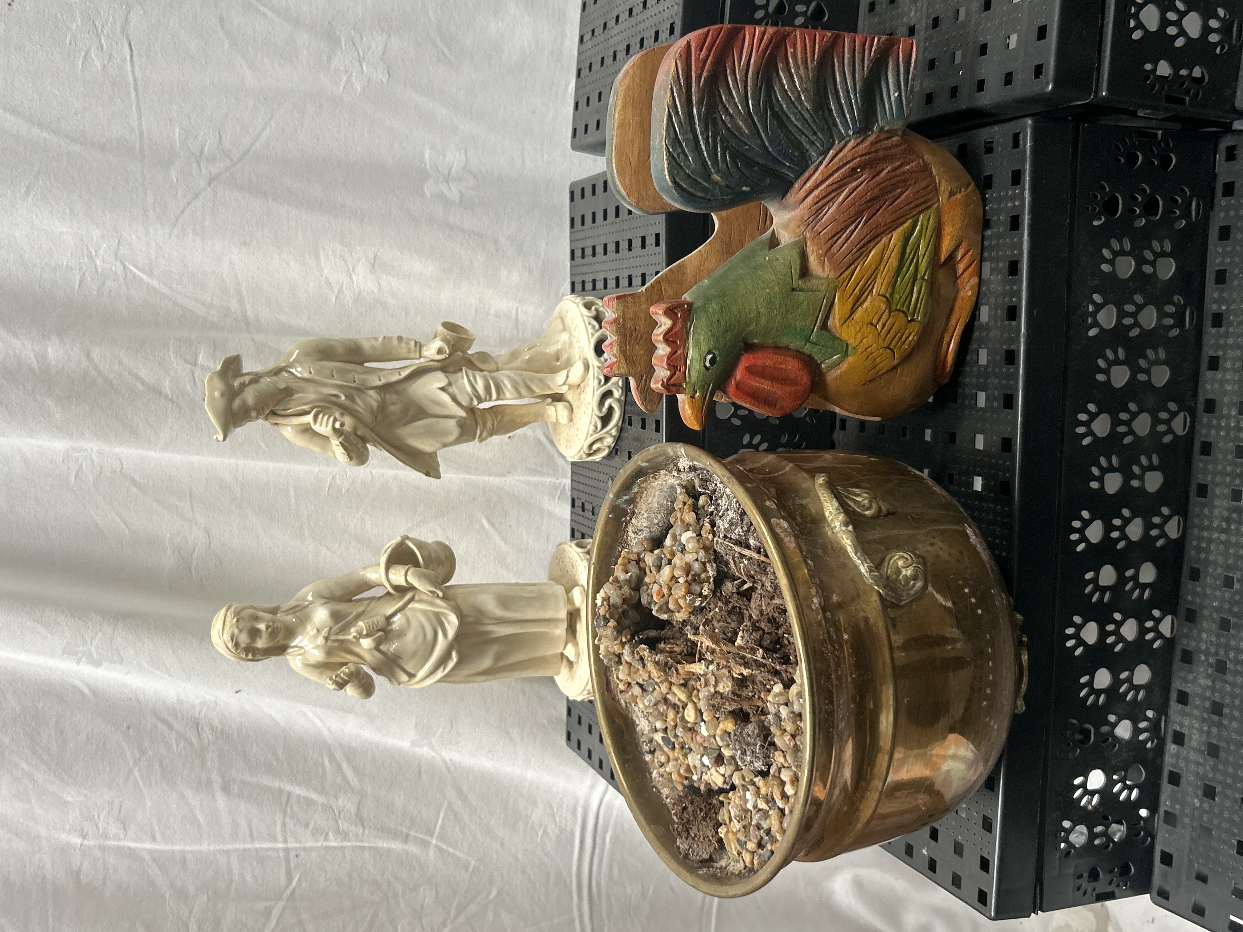 A Group of Decorative Figurines, Folk Art Carving, and Metalware