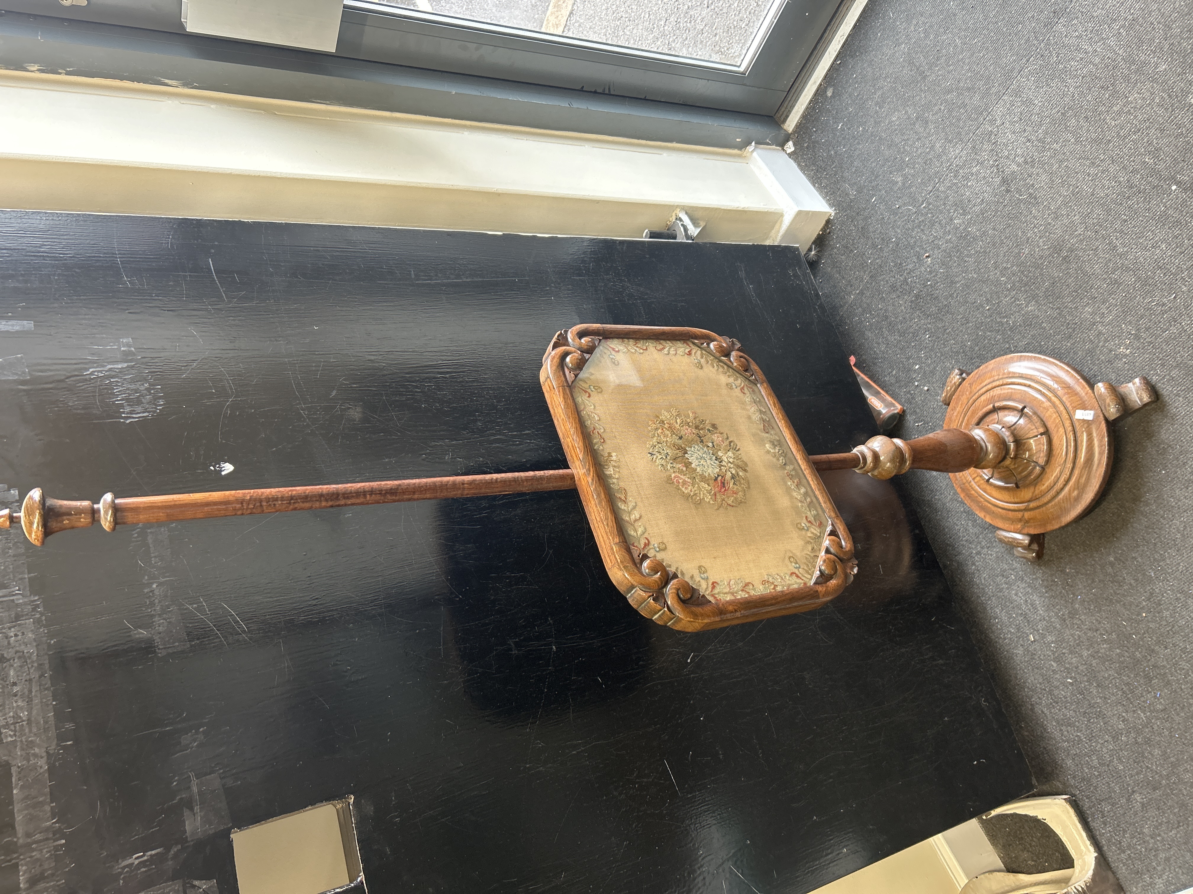 A Regency? Mahogany Adjustable Pole Screen with Needlepoint Panel