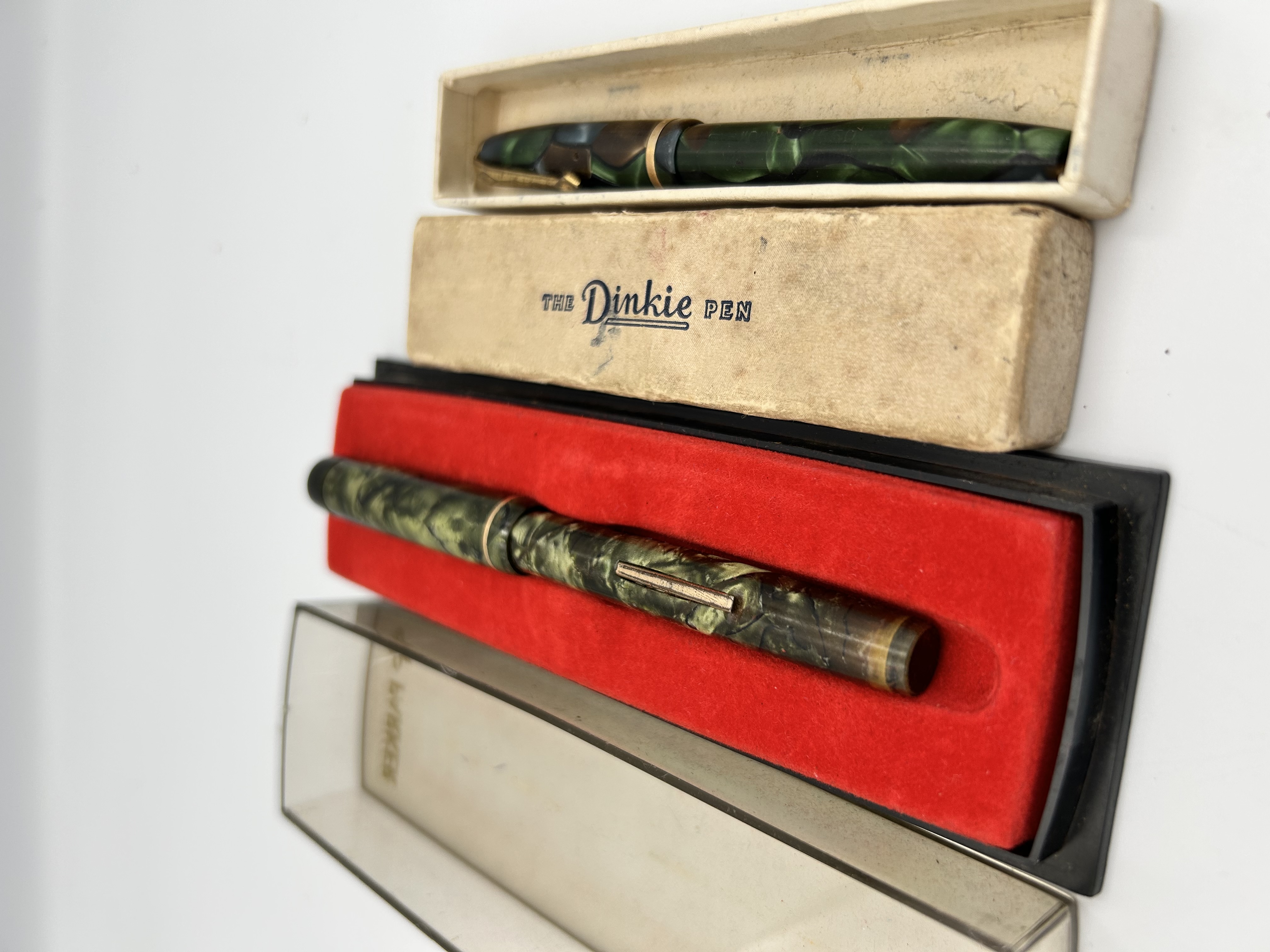 Two Vintage Marbled Celluloid Lever-Fill Fountain Pens including a Conway Stewart Dinkie