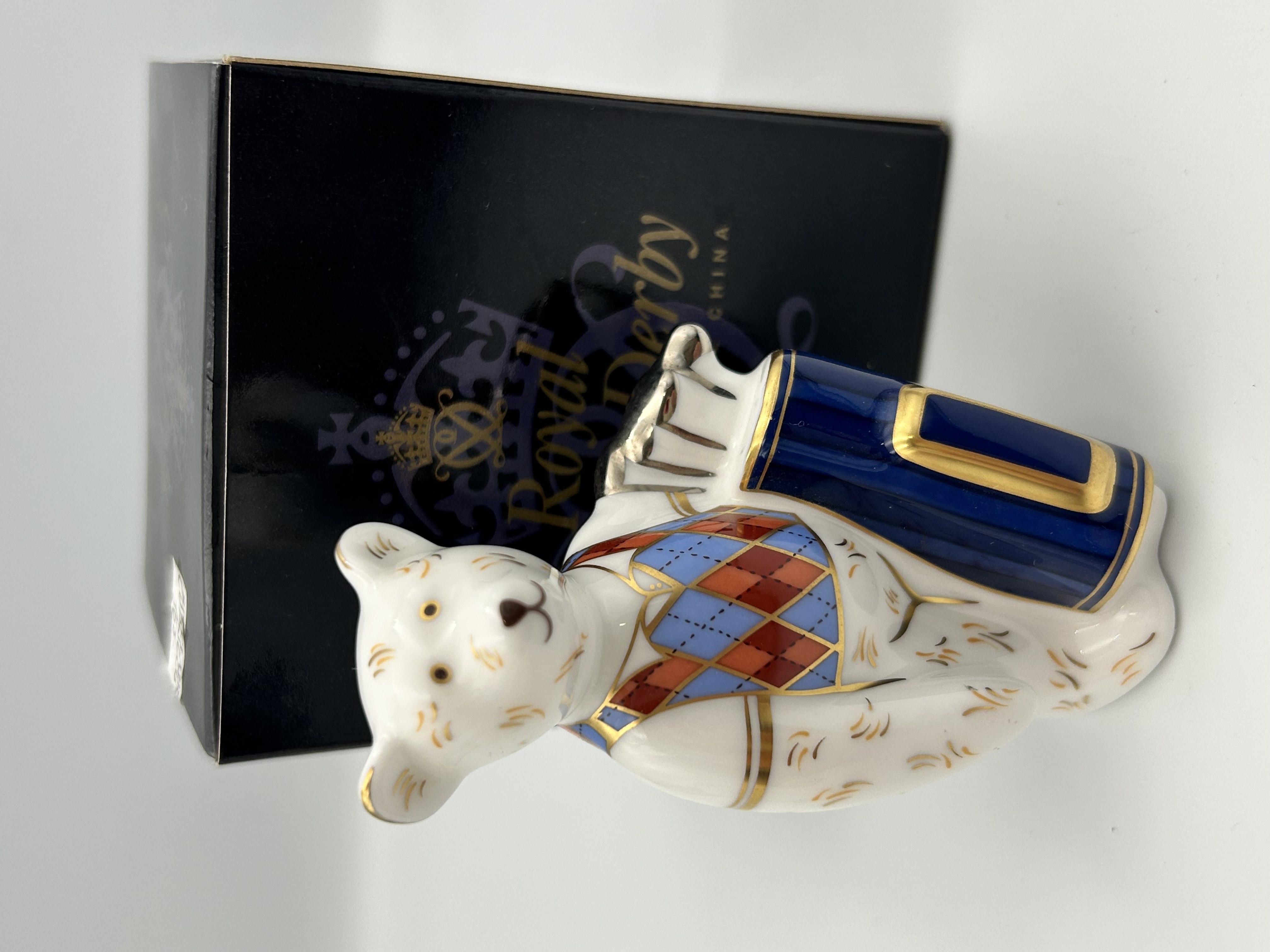 Royal Crown Derby On the Tee Golfer Bear Miniature Porcelain Figurine with Original Box