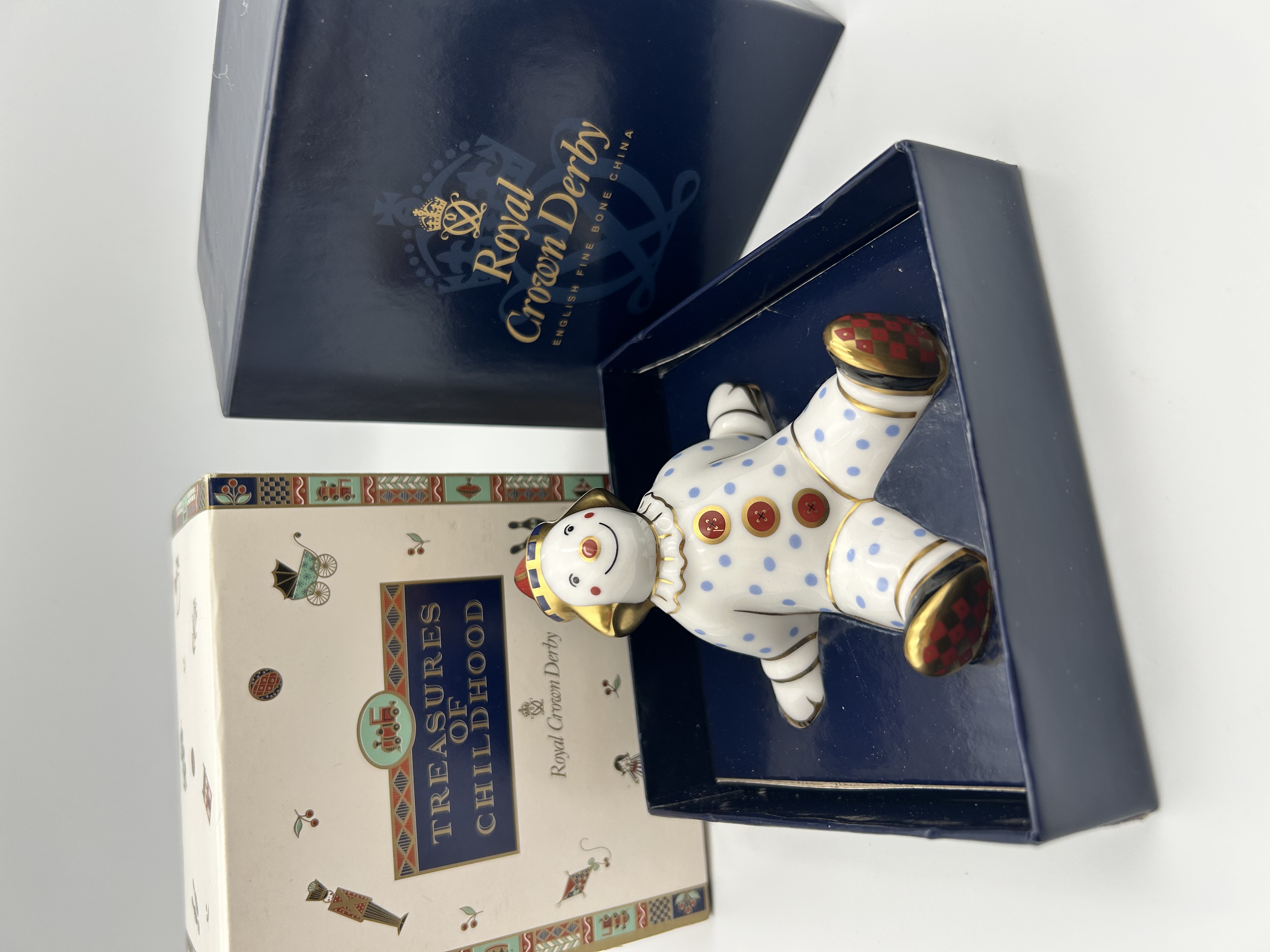 A Royal Crown Derby Treasures of Childhood Spotty Clown Porcelain Figurine