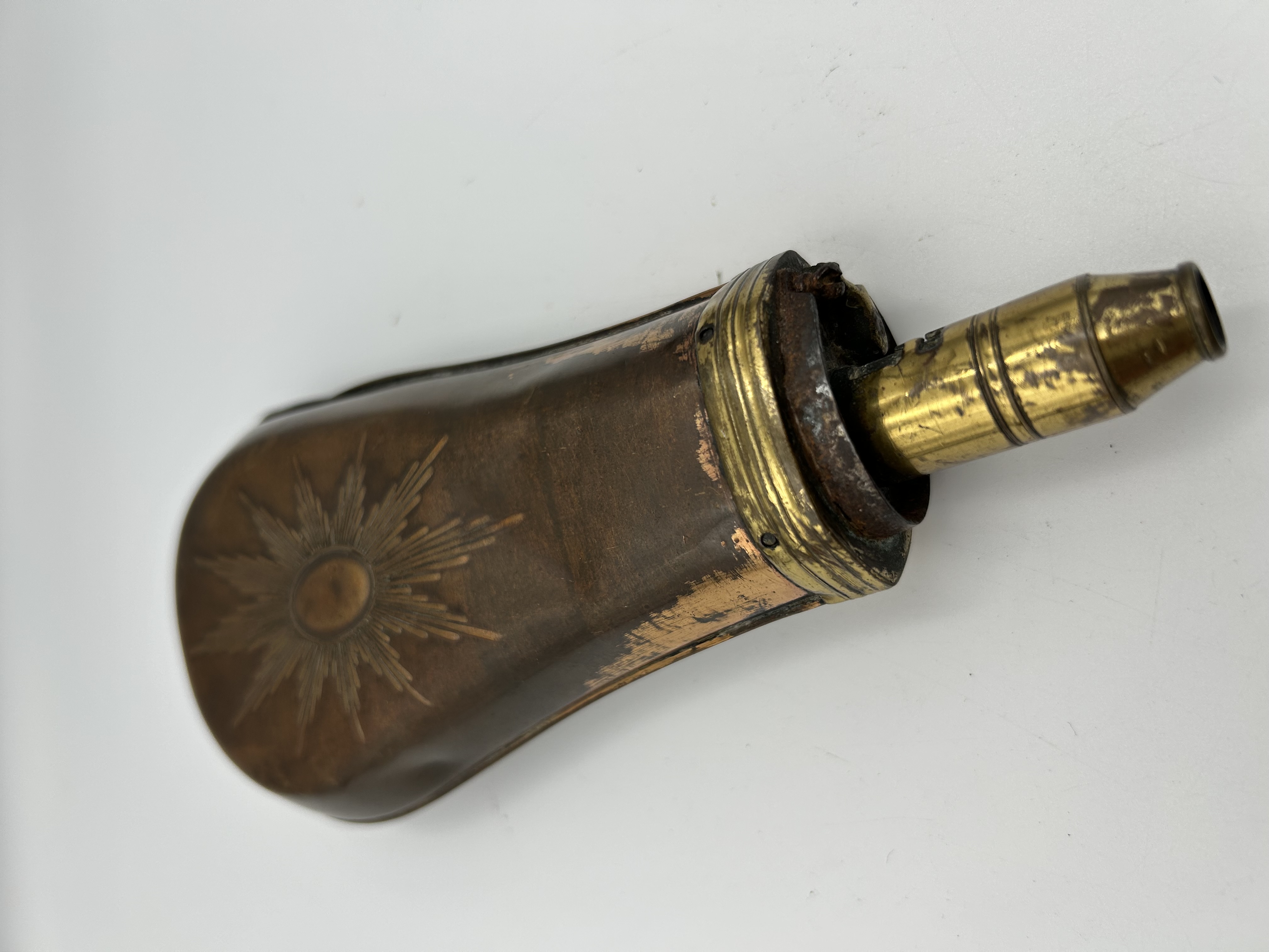 Mid-19th Century Embossed Copper and Brass Sunburst Powder Flask