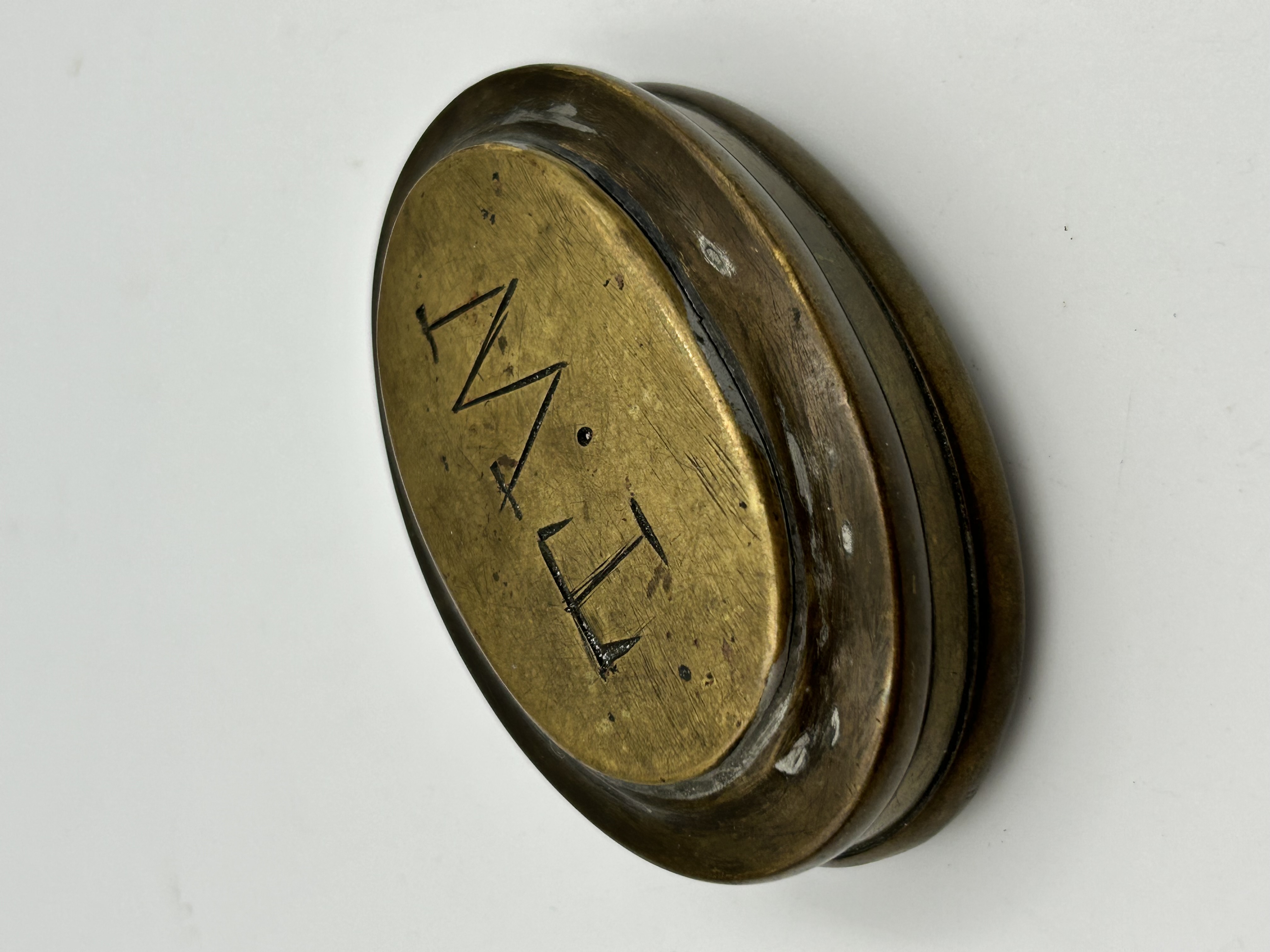 Antique Hand-Engraved Brass Oval Snuff Box with Handshake Motif