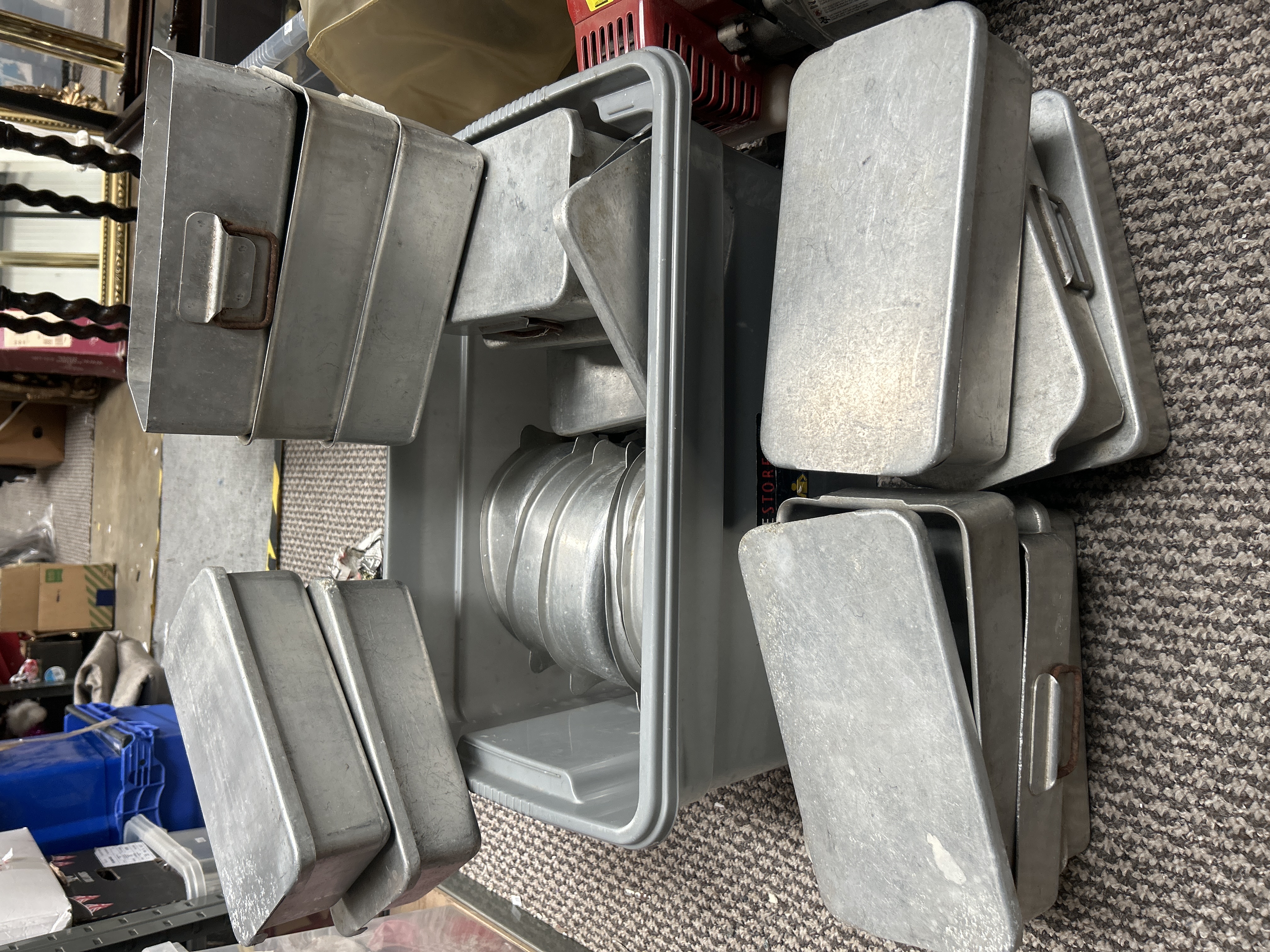 A Collection of Grundy Teddington Vintage Industrial Aluminium Catering Tins