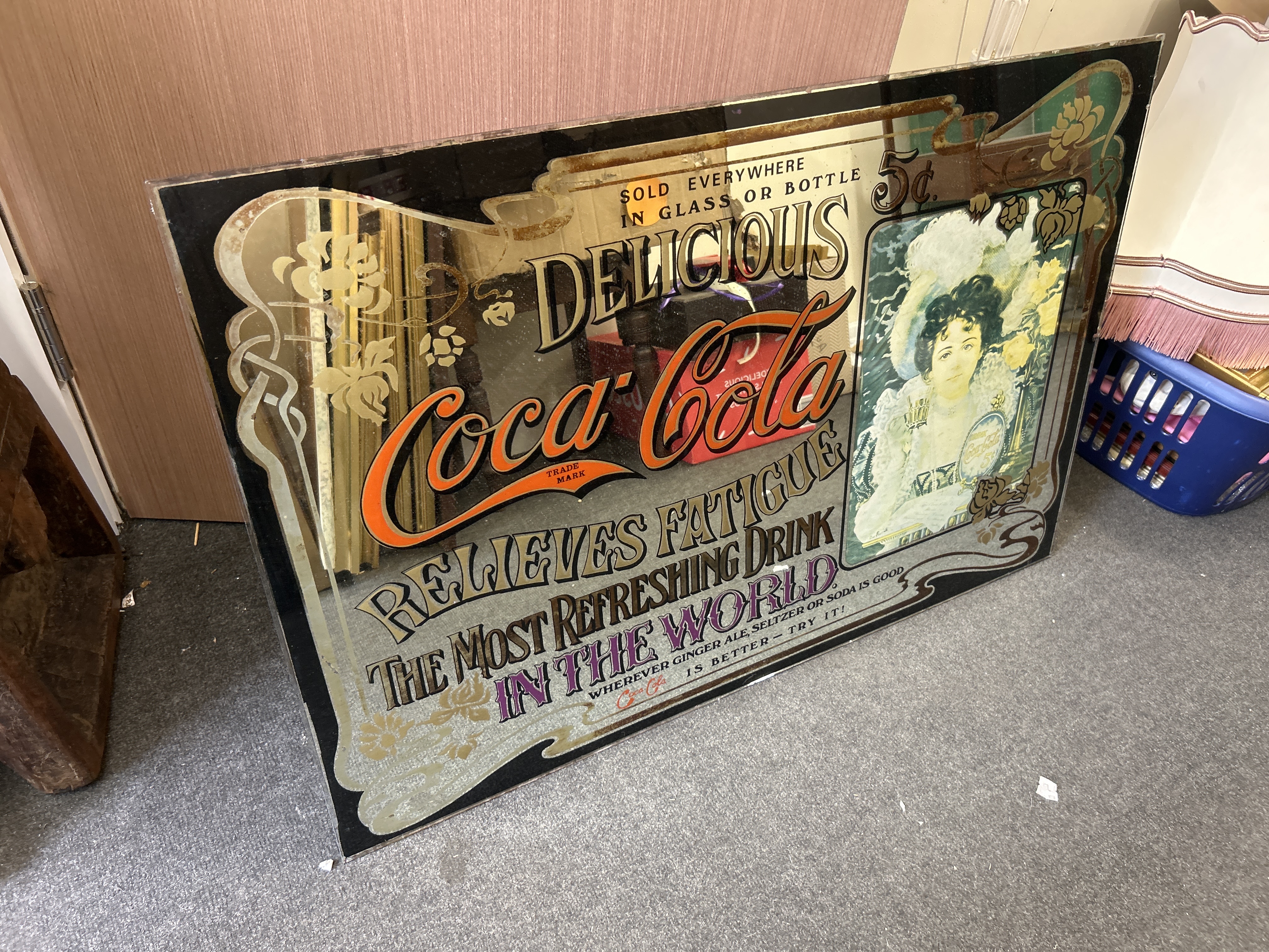 Large Coca-Cola Advertising Mirror featuring Hilda Clark