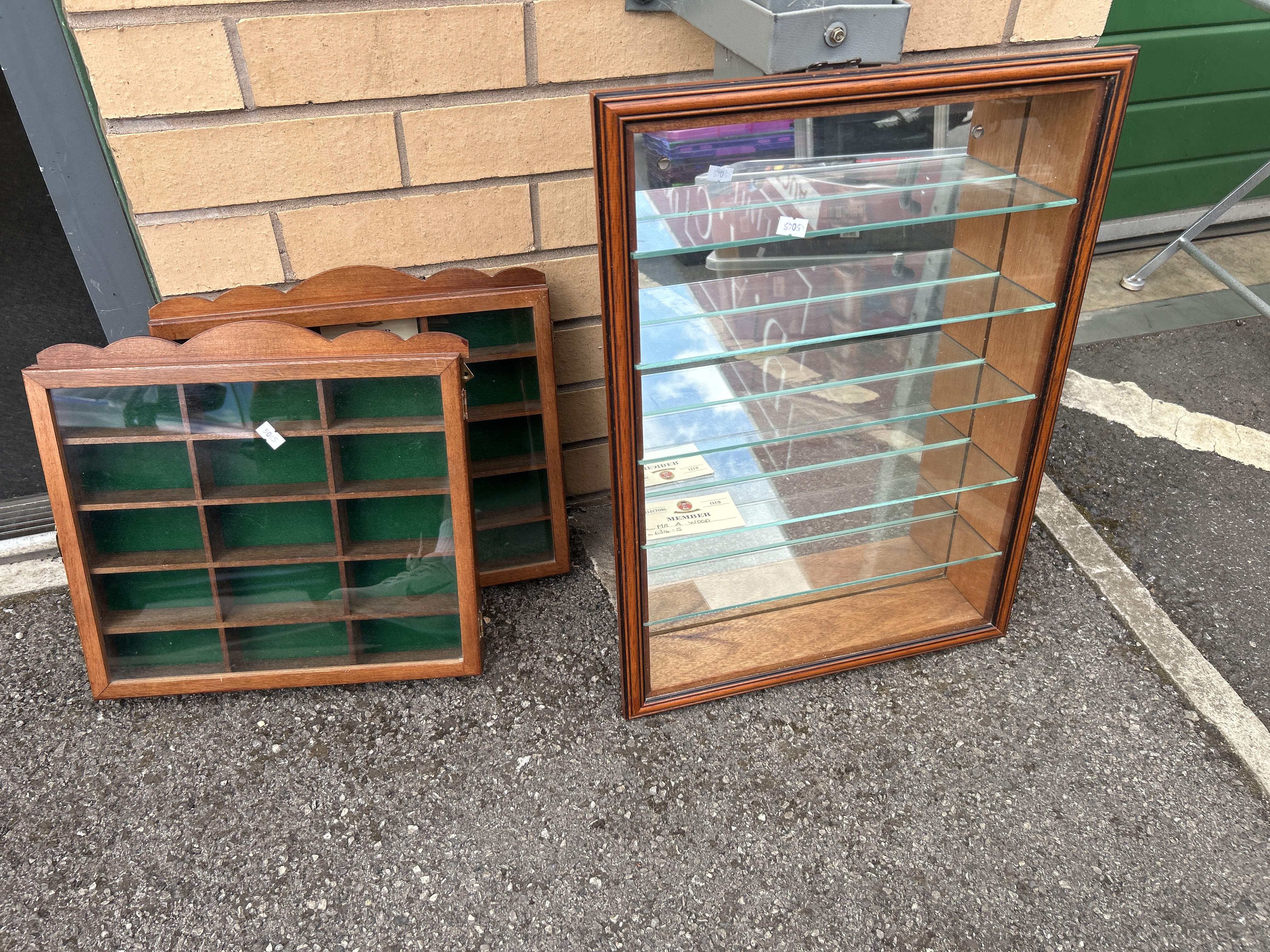A Trio of Wall-Mounted Stained Hardwood Collectors Display Cabinets