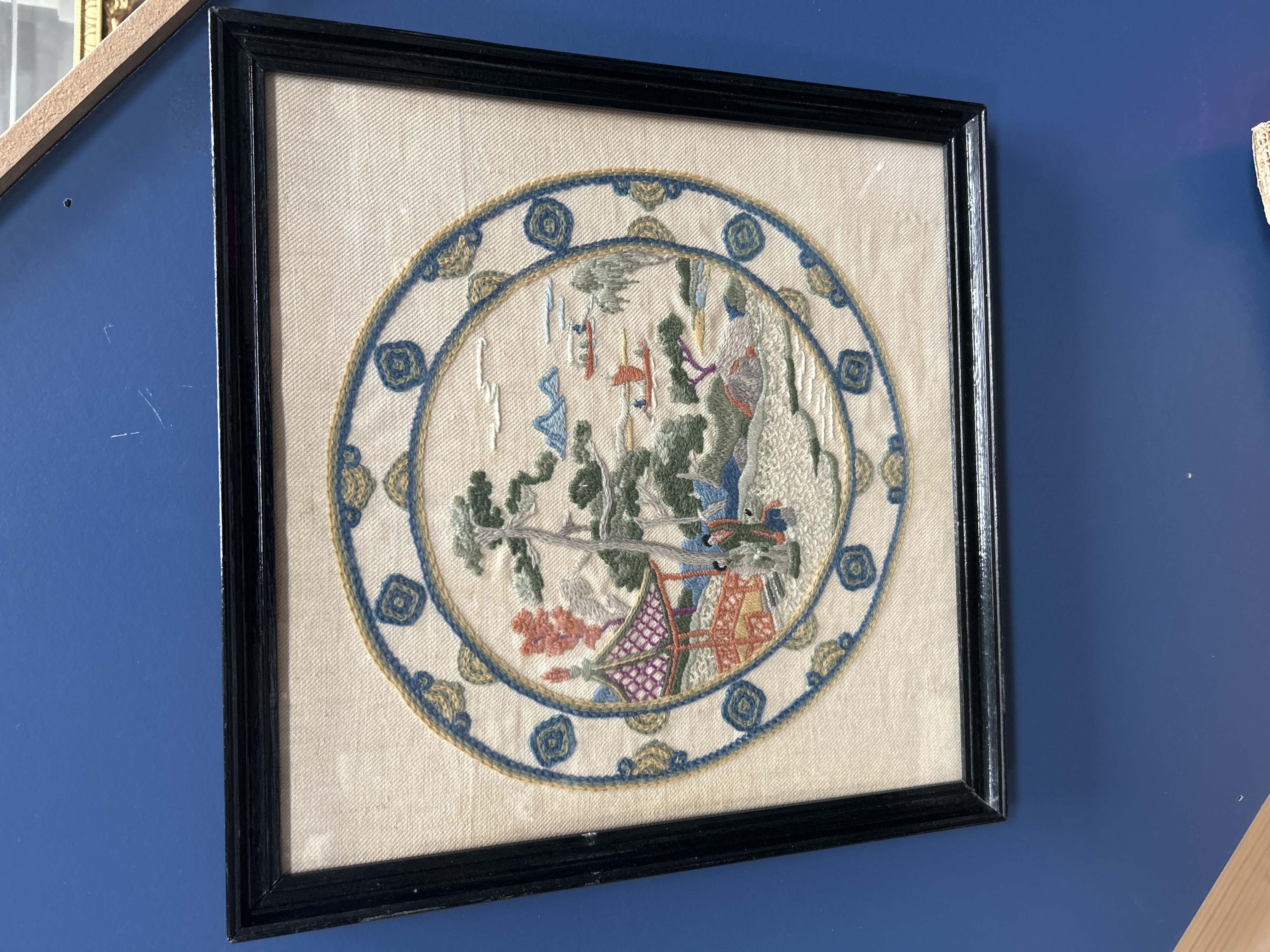 Framed Elsa Williams Chinese Plate Oriental Landscape Needlework Roundel