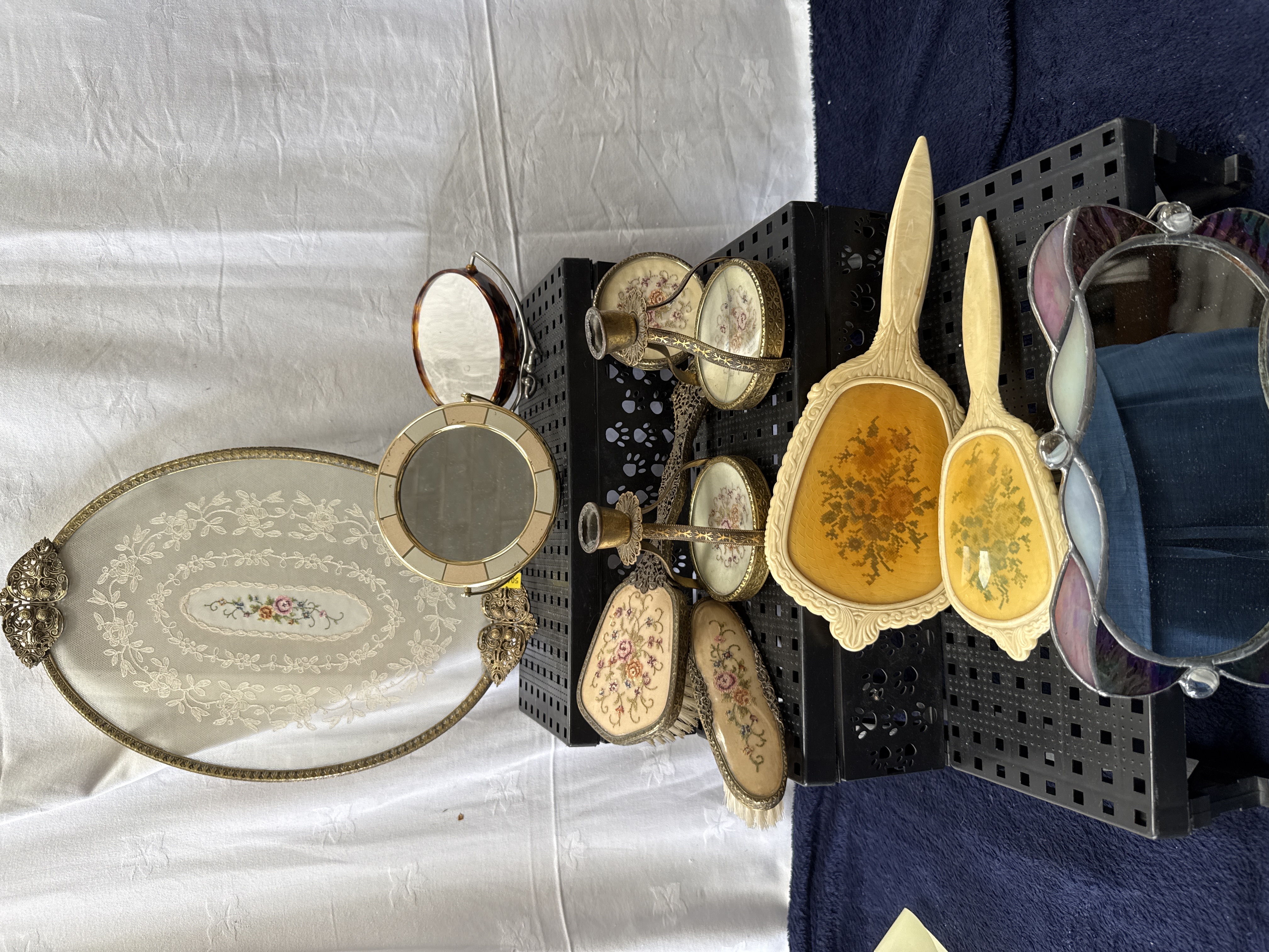 A Collection of Vintage Petit Point and Celluloid Dressing Table Accessories