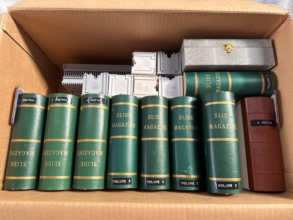 Lot 978: Braun Paximat? Faux-Leather Effect and Plastic Slide Storage Boxes and Magazines
