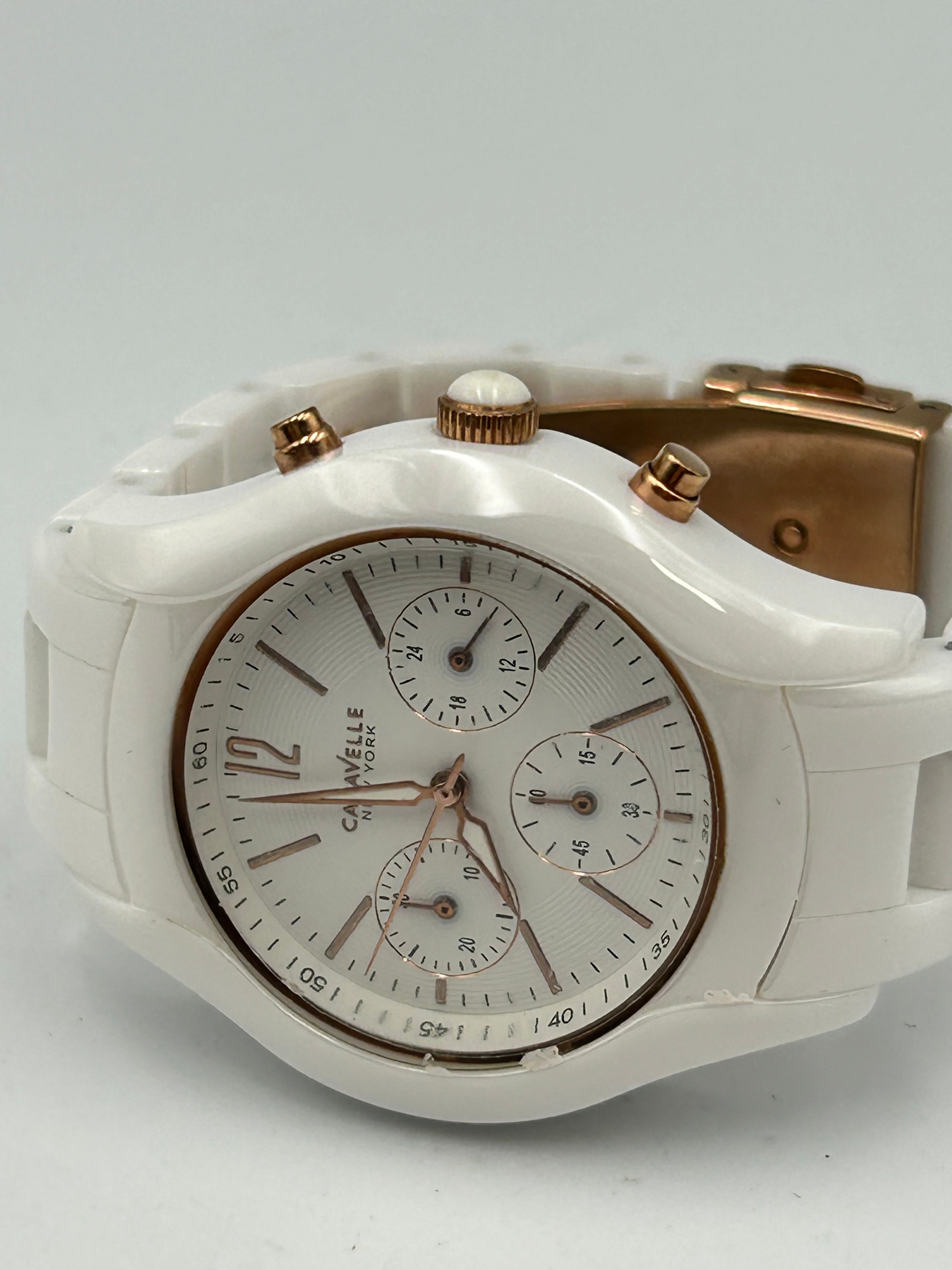 Caravelle New York Chronograph White Resin? Wristwatch 45L144,Running when listed.