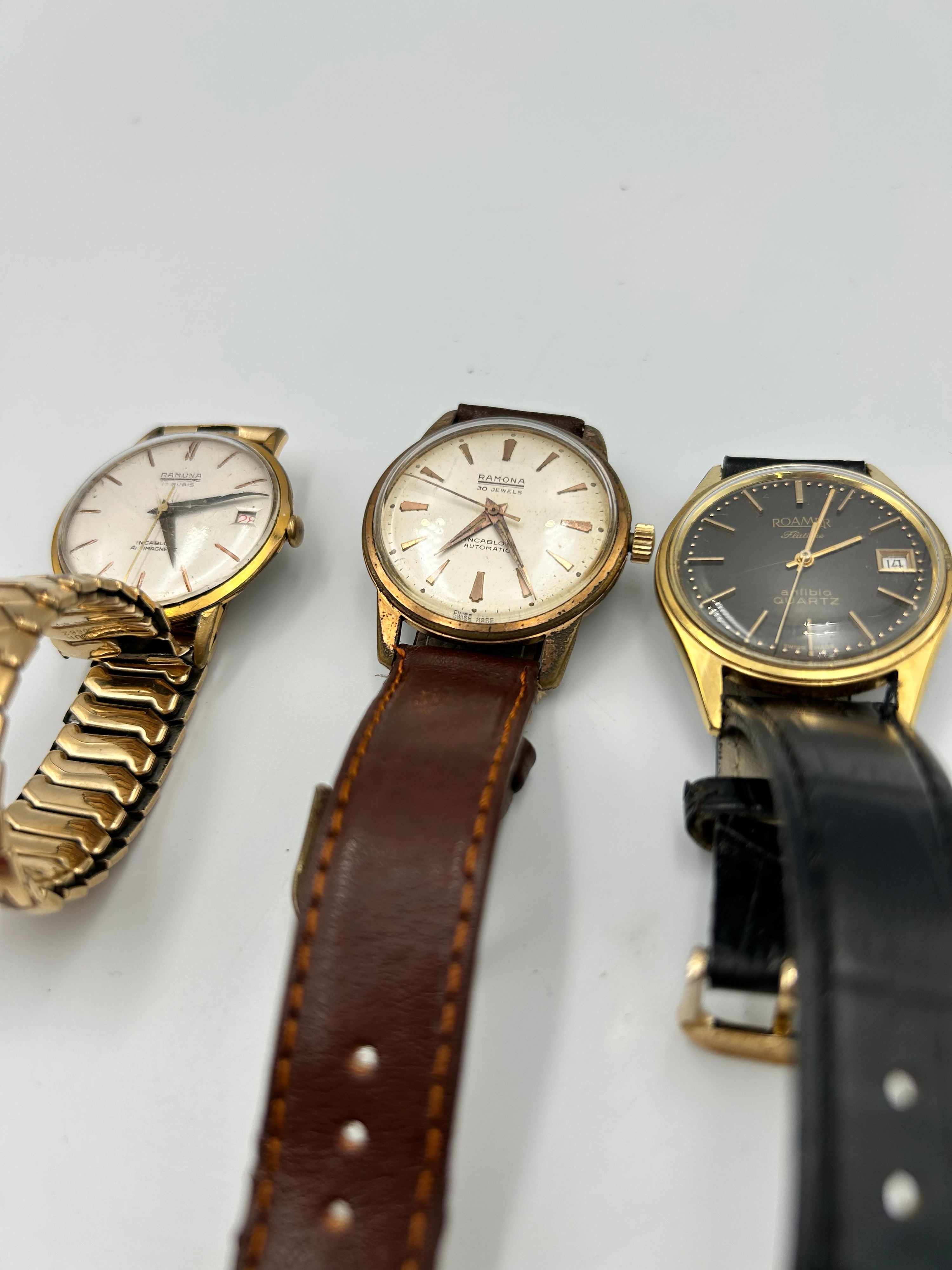 A Trio of Roamer Flatline Anfibio Quartz and Ramona Gilt Metal Effect Wristwatches