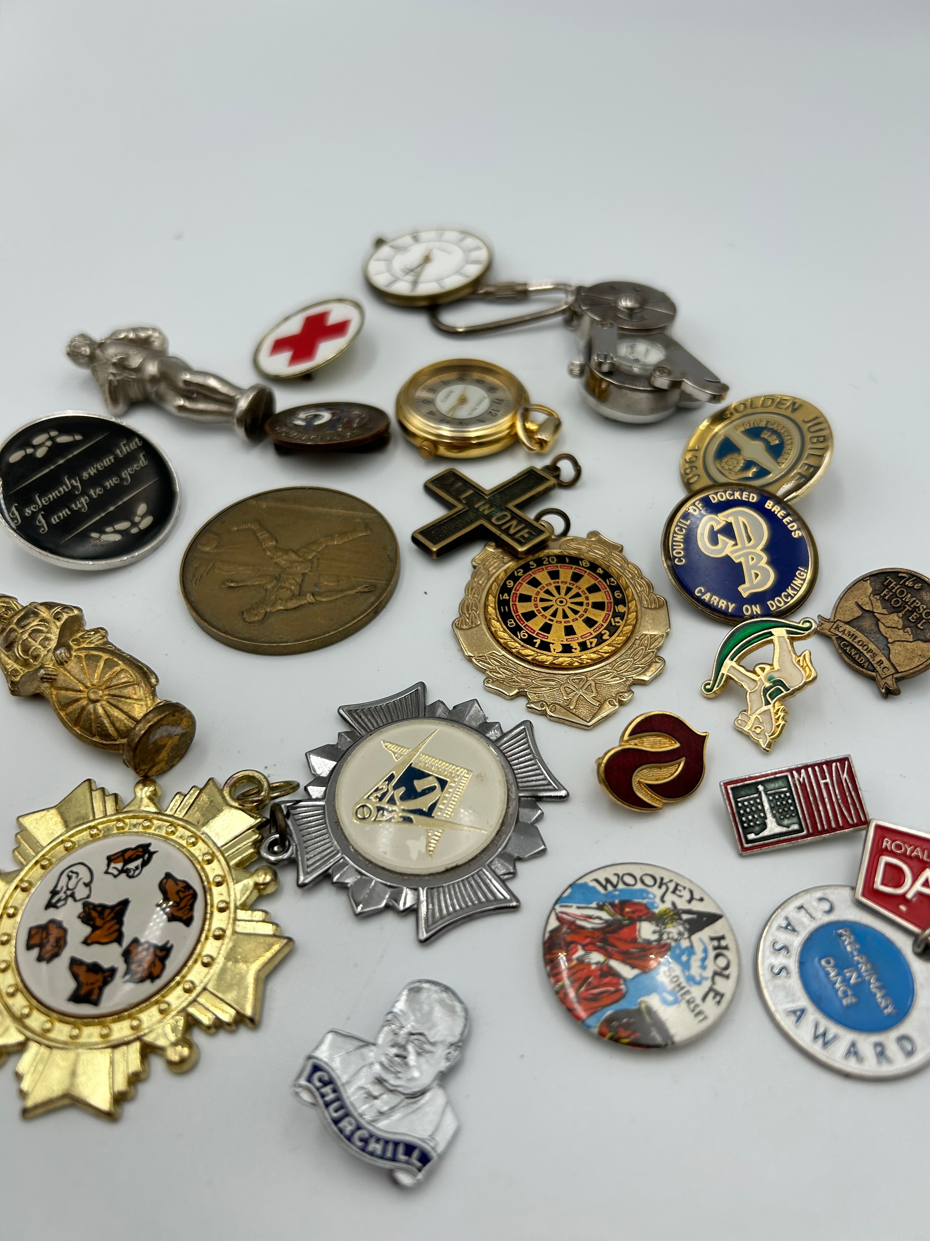 Gilt-Metal Effect and Enamel Lapel Pins, Fraternal Badges and Two Watches