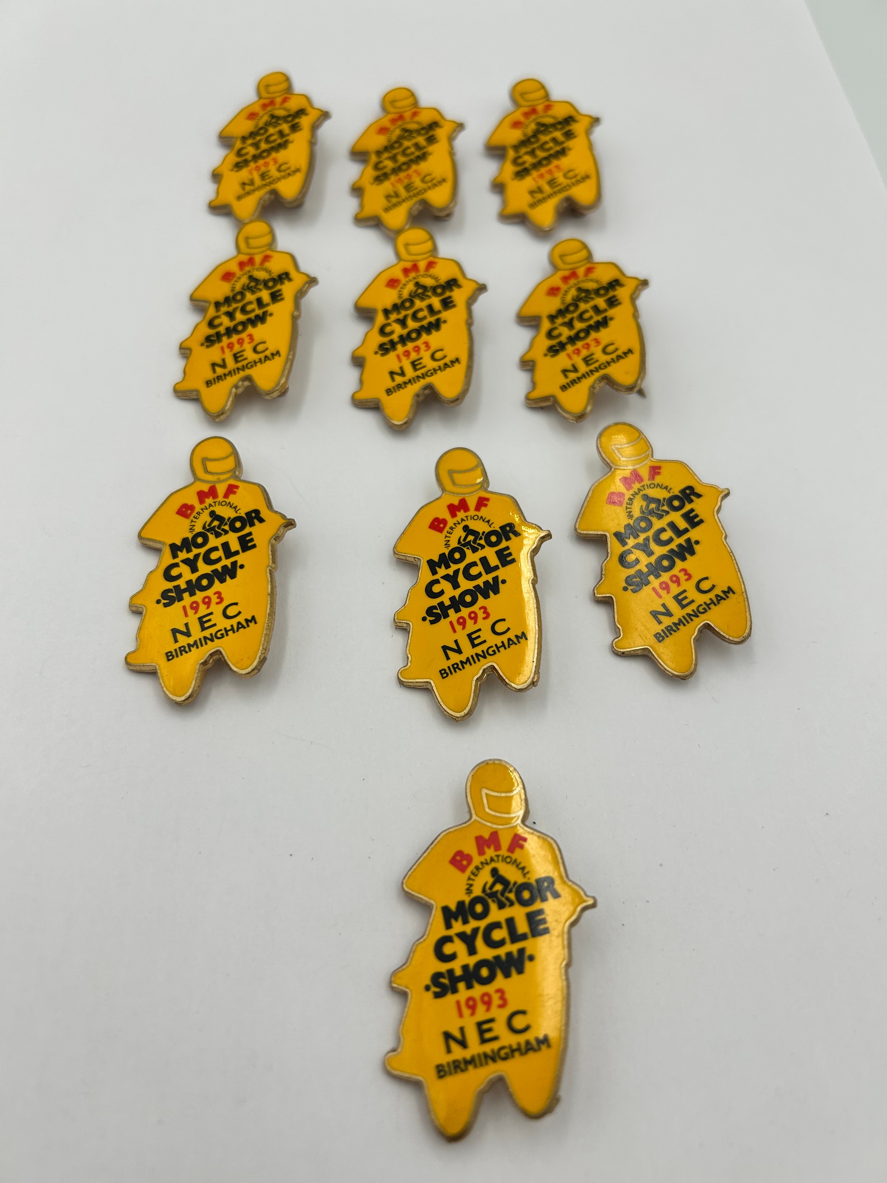 BMF International Enamelled Gilt-Metal Effect Motor Cycle Show Lapel Pins, 1993