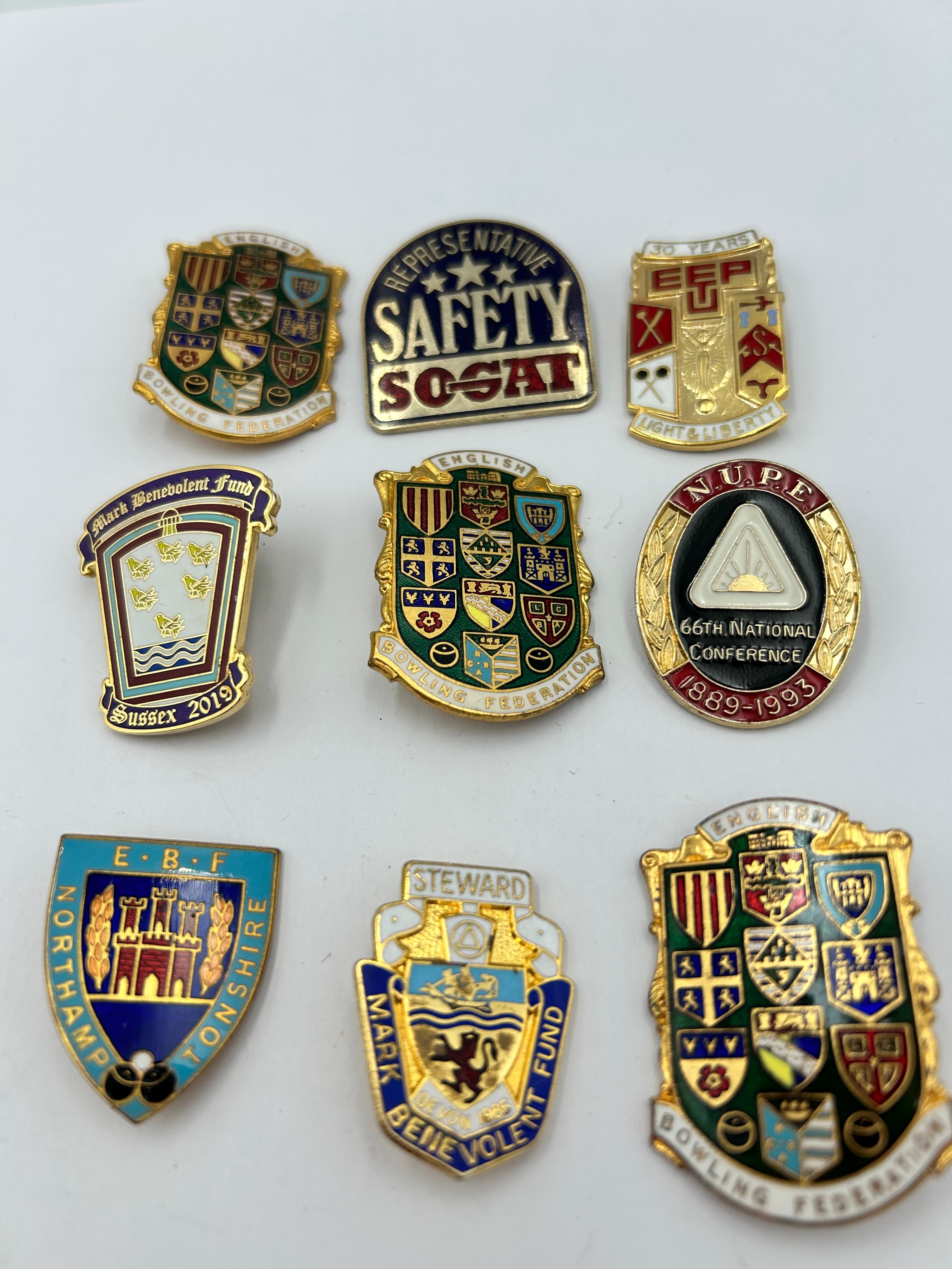 Nine Gilt-Metal Effect and Enamel Trade Union and Bowling Badges