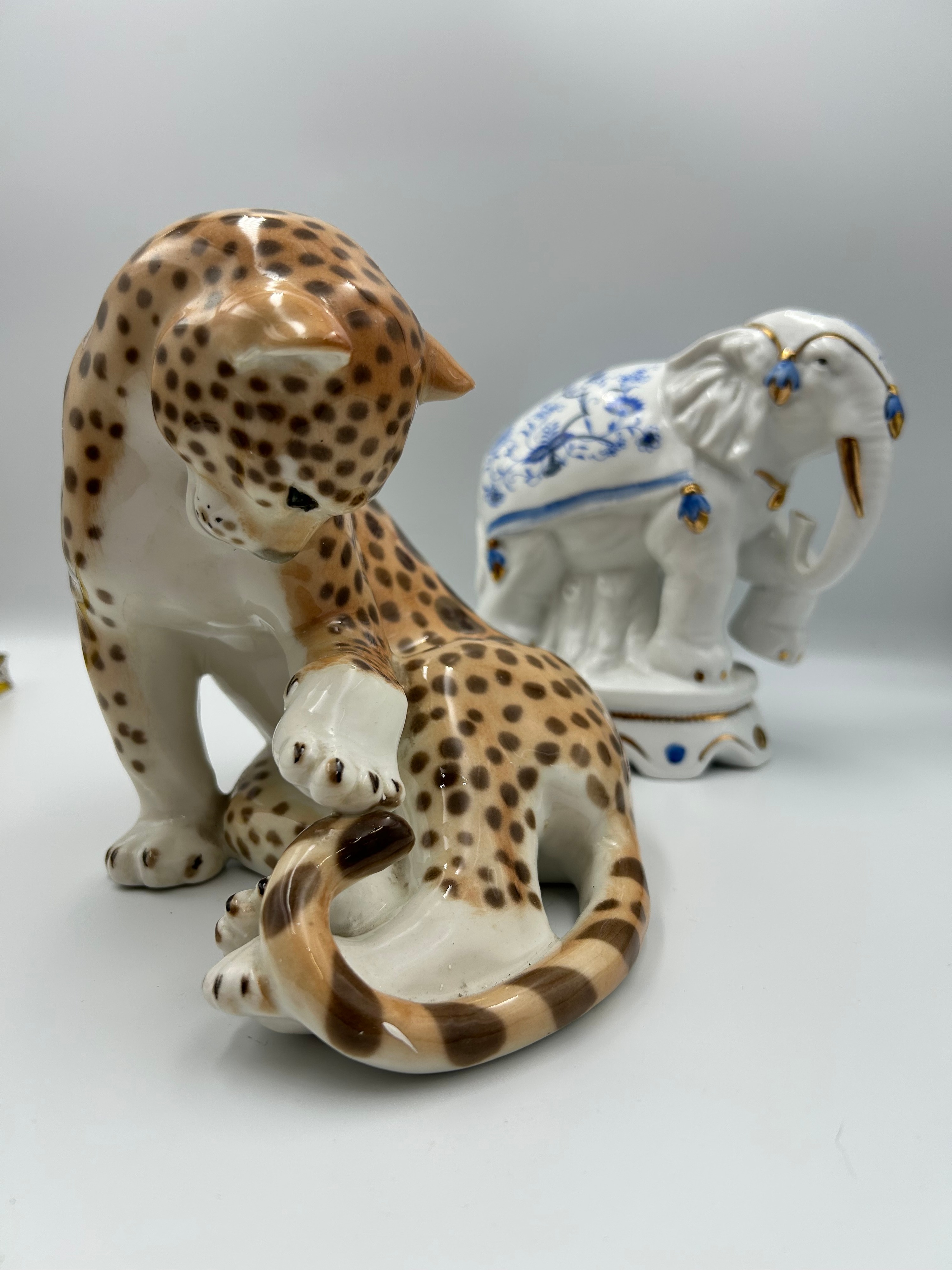 A Lomonosov? Porcelain Leopard and a Chinoiserie Style Elephant