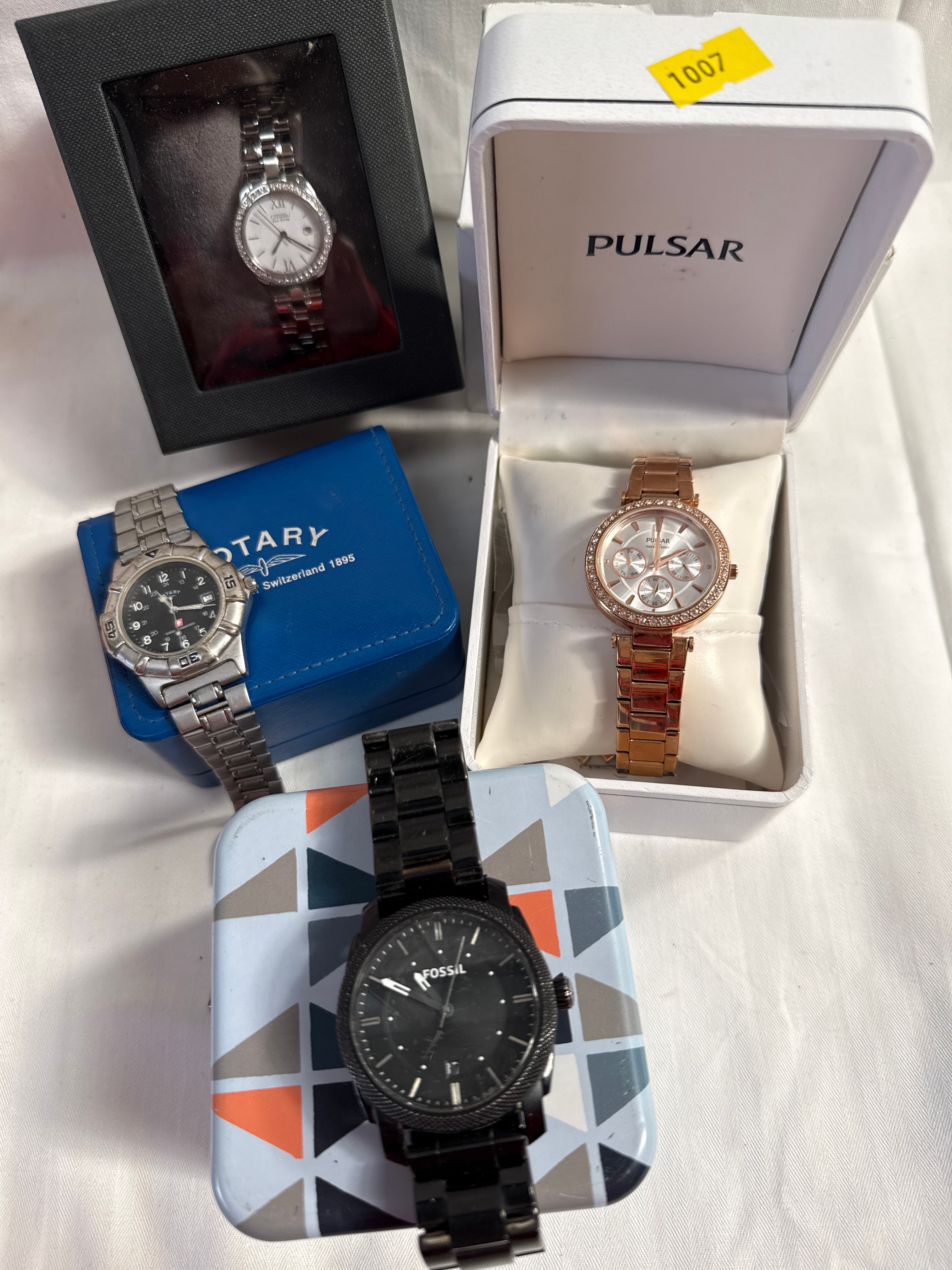 Assortment of Brand Name Wristwatches including Pulsar, Citizen Eco-Drive, Fossil and Rotary