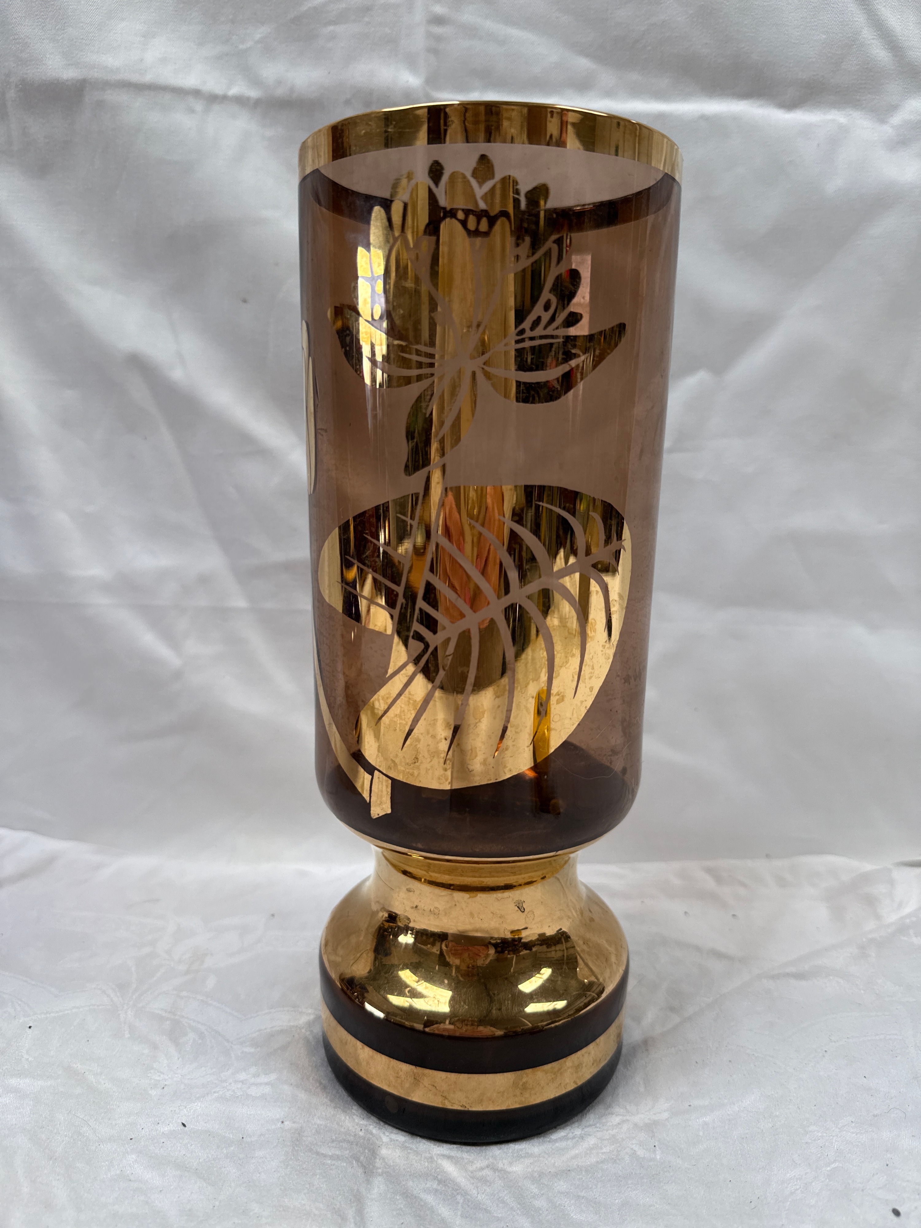 Mid-Century Modern Bohemian? Smoked Amber Glass Vase With Gilt Tropical Foliage Decoration