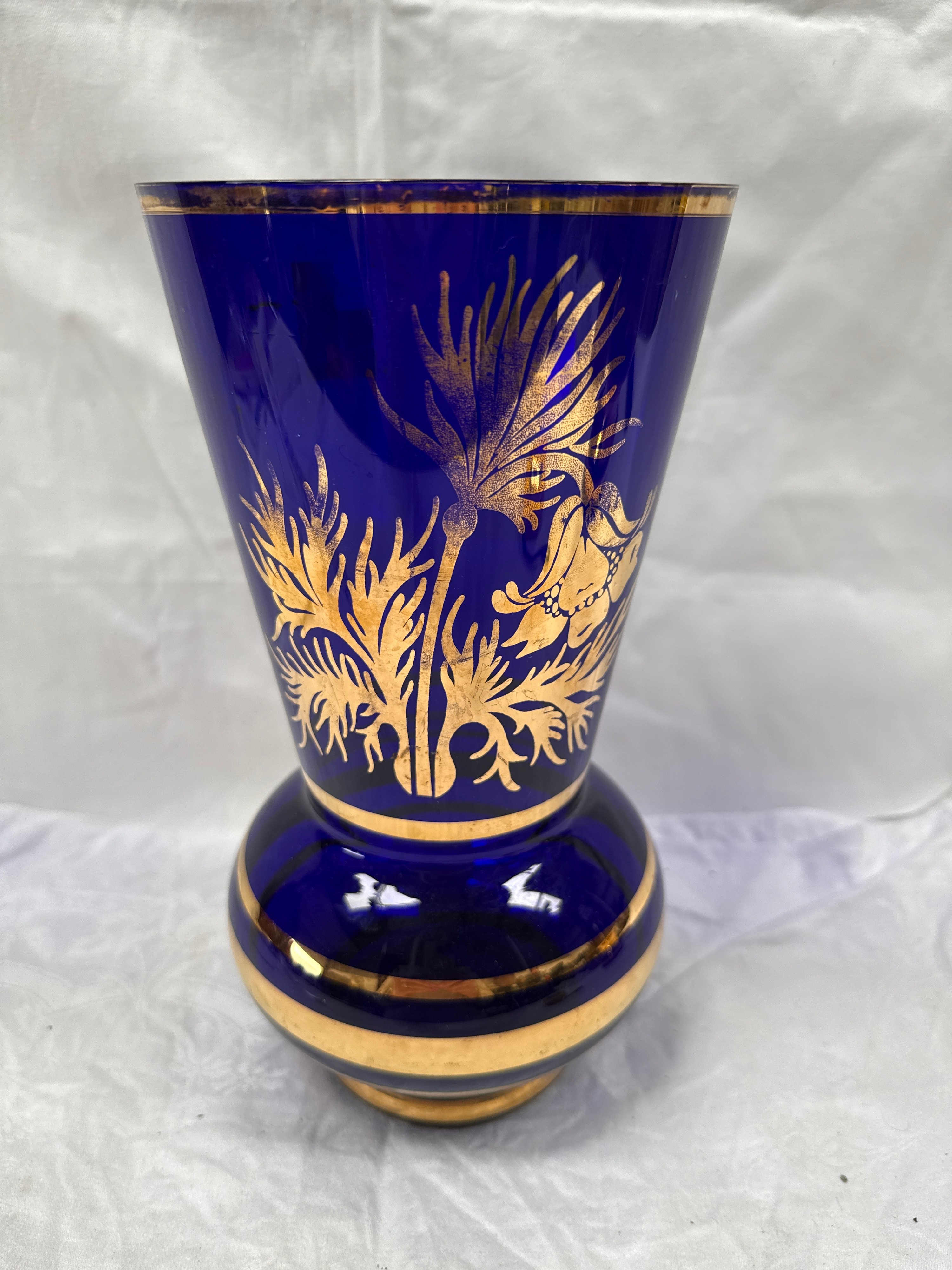 A Bohemian? Cobalt Blue Glass Vase with Stylised Gilt Foliate Decoration
