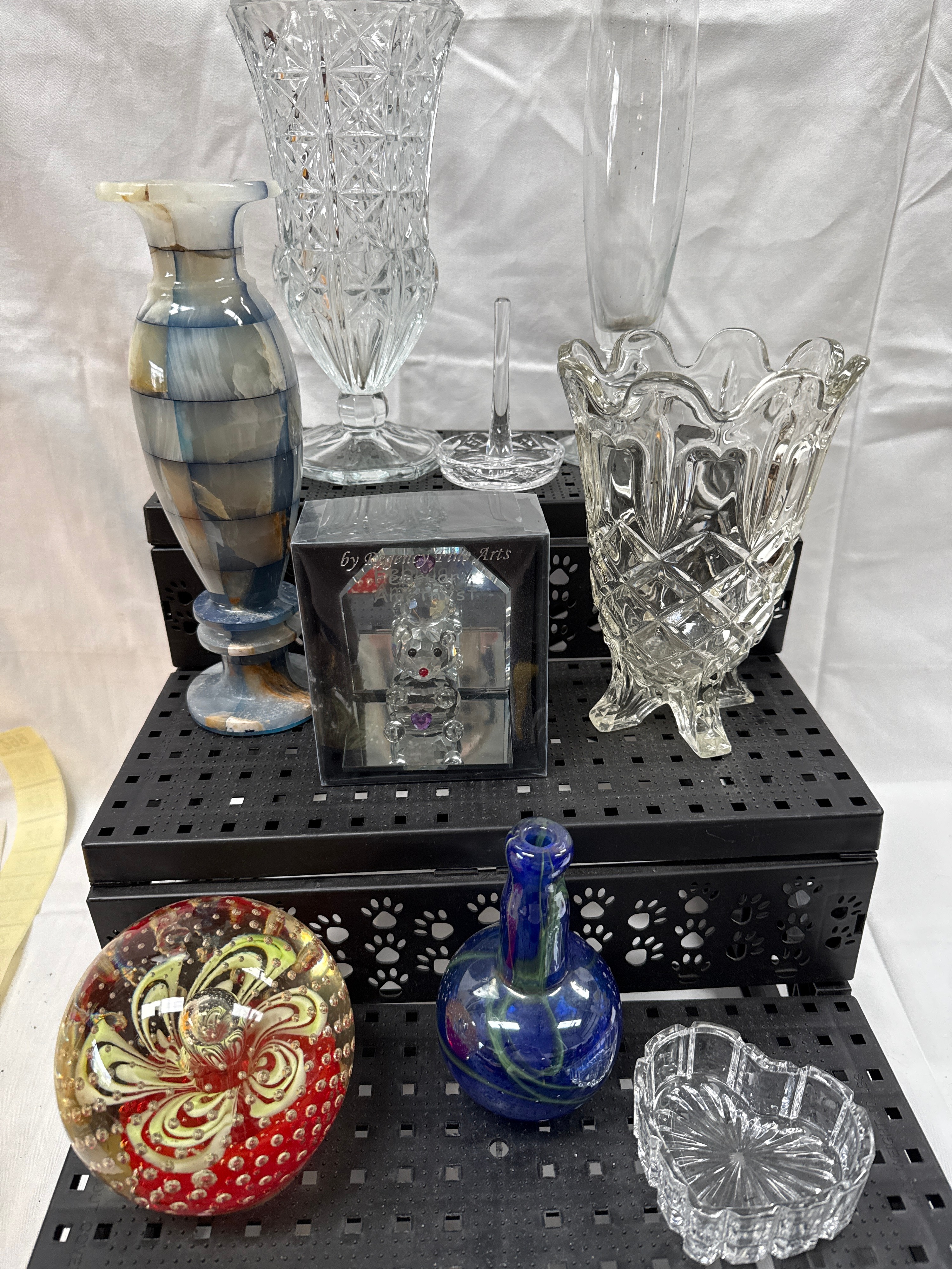 A Collection of Cut Crystal, Studio Glass and Banded Onyx? Decorative Items