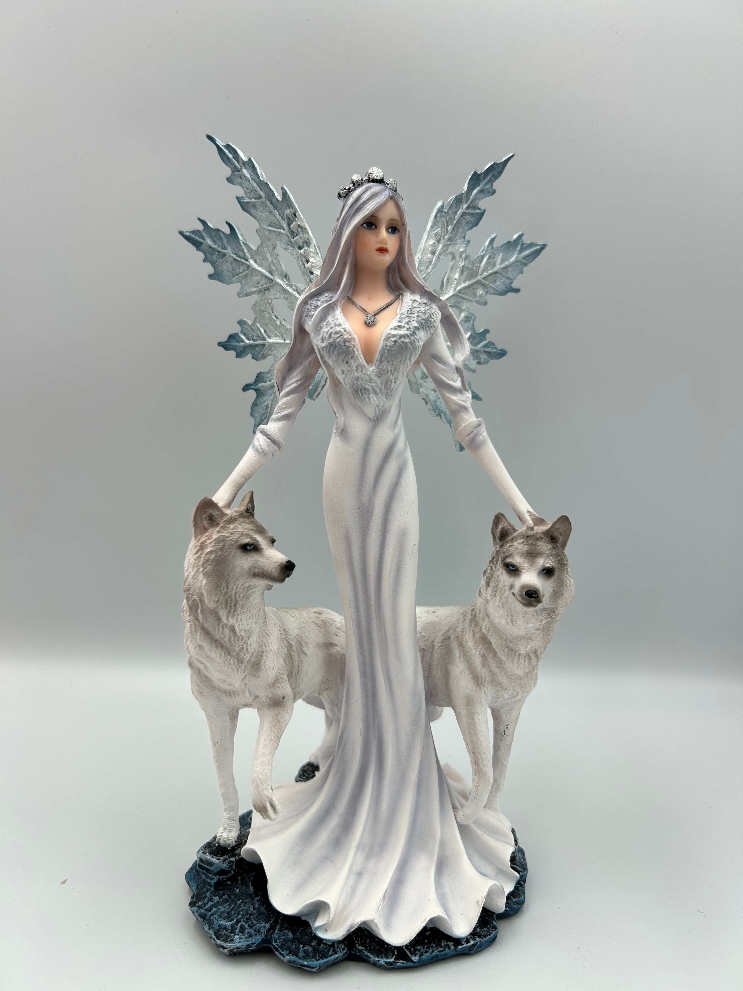 Contemporary Resin Fantasy Figurine of a Frost Fairy with Wolves