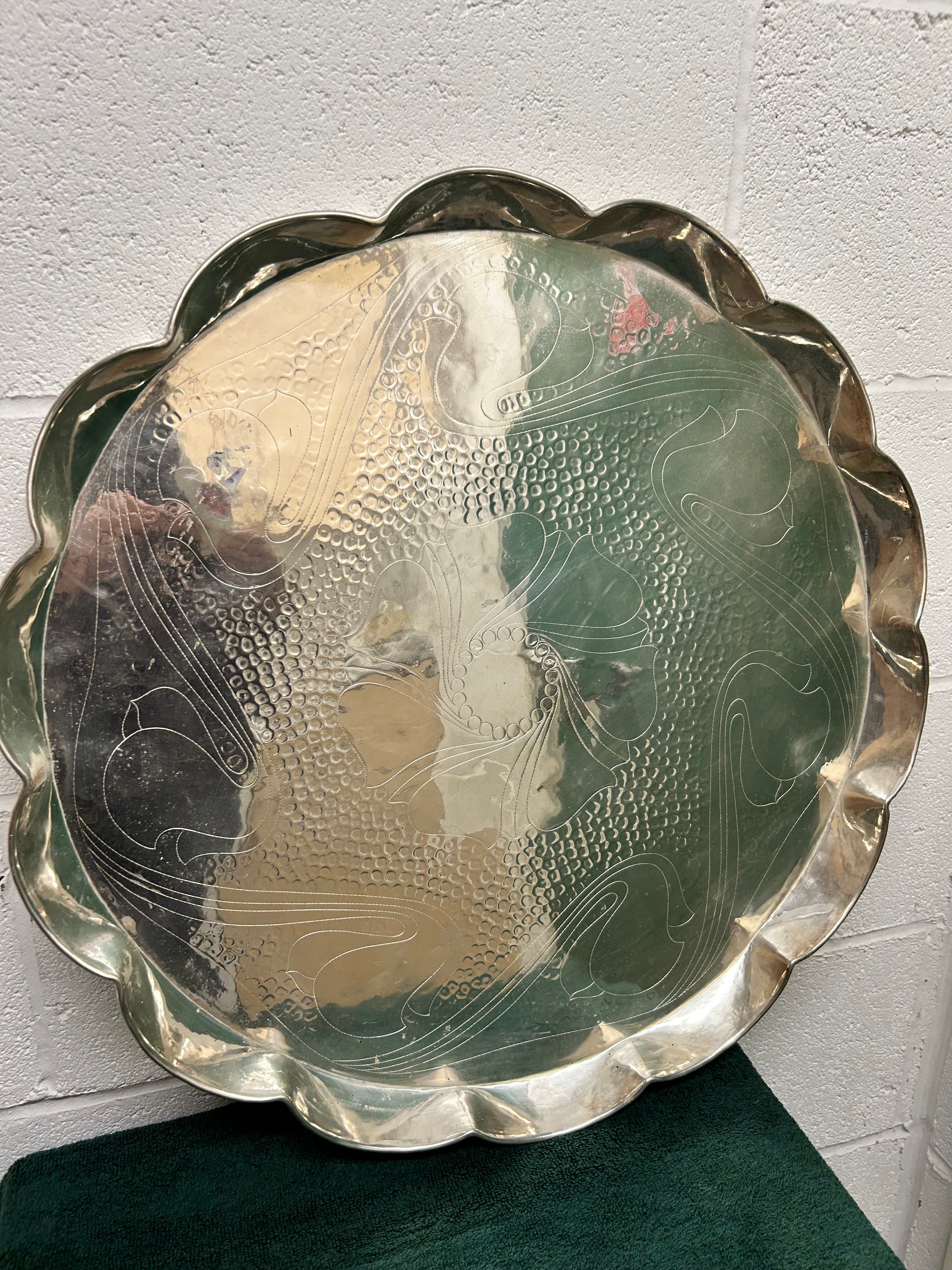 Arts & Crafts Style White Metal Scalloped Charger by W.D?, 21.75"
