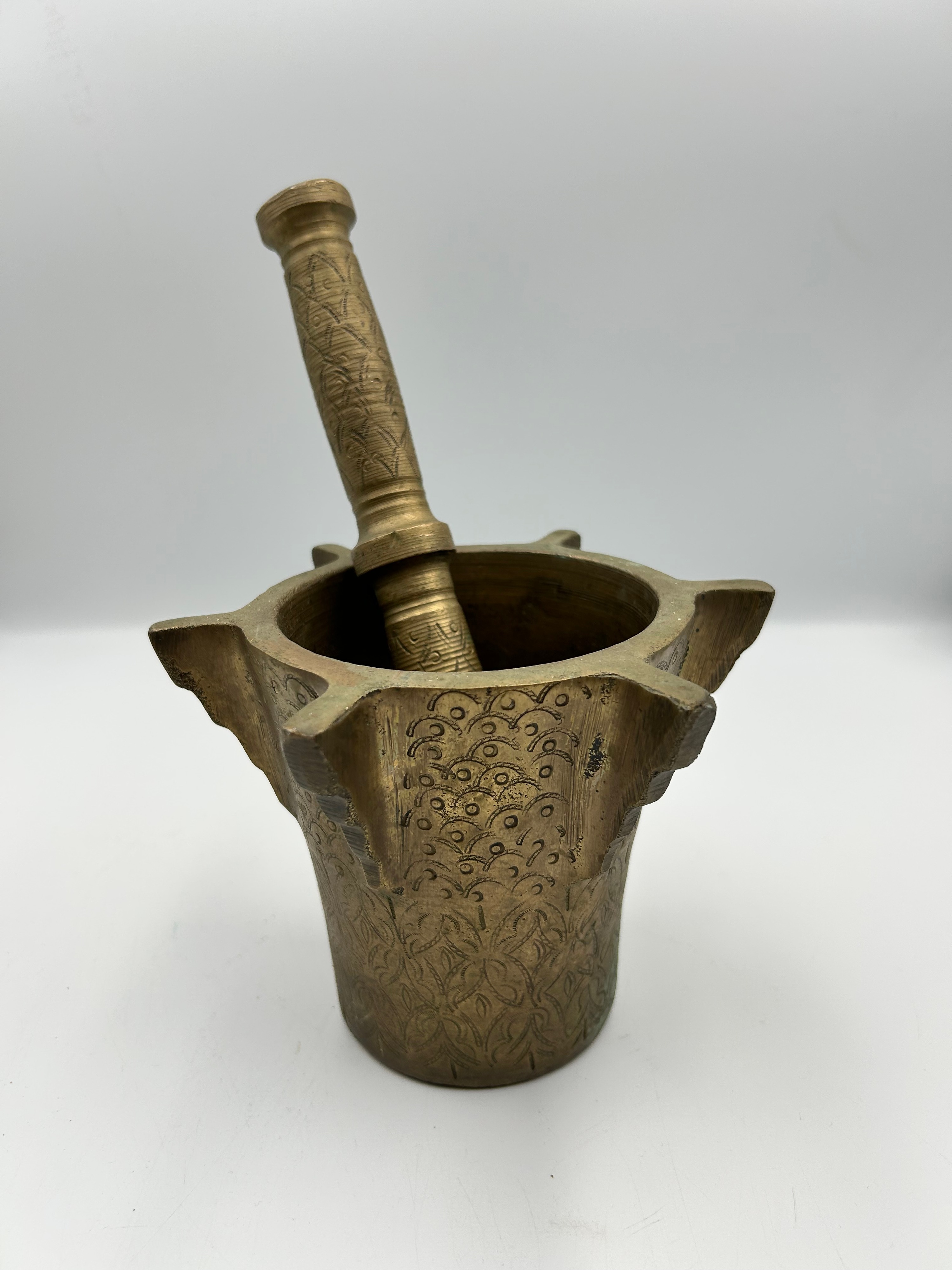 An Islamic? Early 20th Century? Engraved Brass? Mortar and Pestle Set.