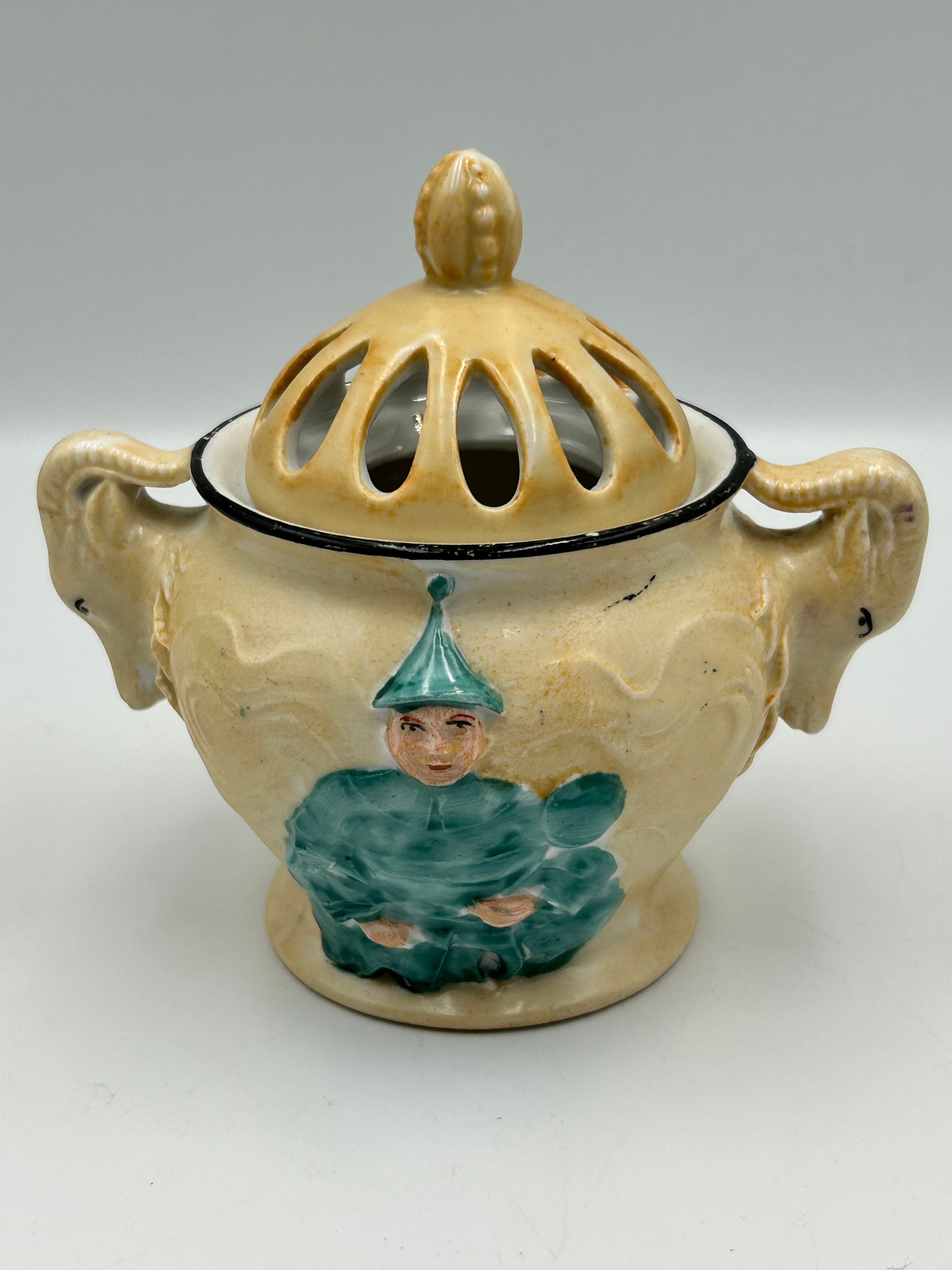 A Glazed Earthenware Potpourri Jar? / Incense Burner? With Elephant Handles And Relief Pixie, 252, 4"