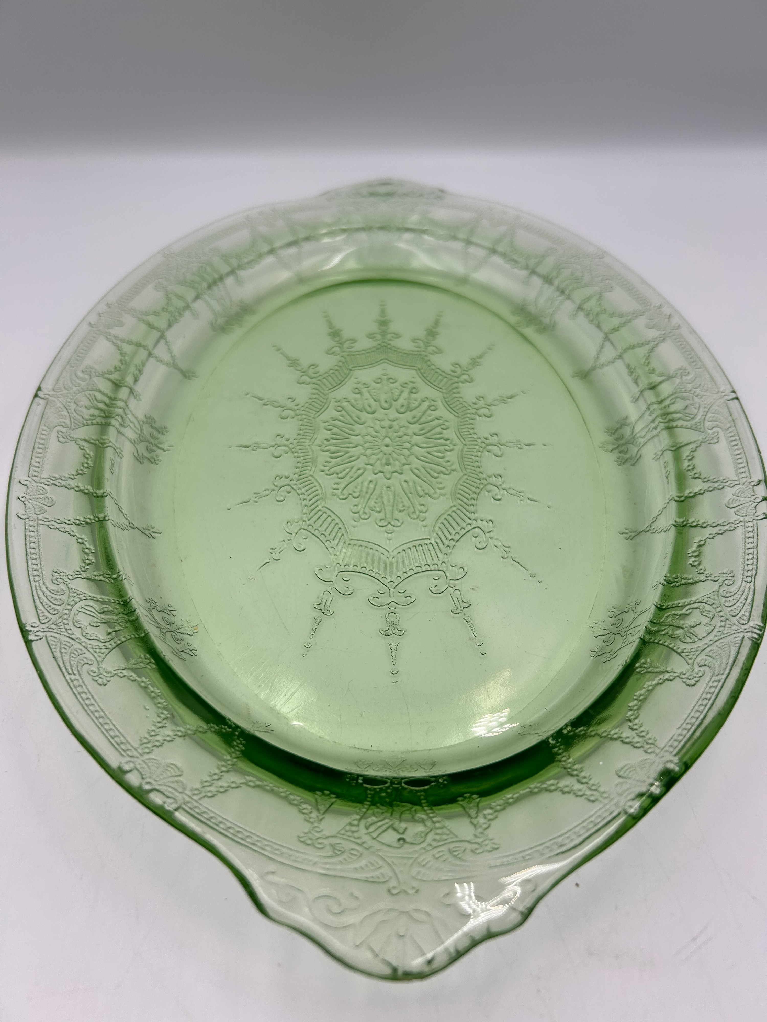 A 1930s Uranium Green Pressed Glass Princess Pattern Platter by Hocking Glass Company?