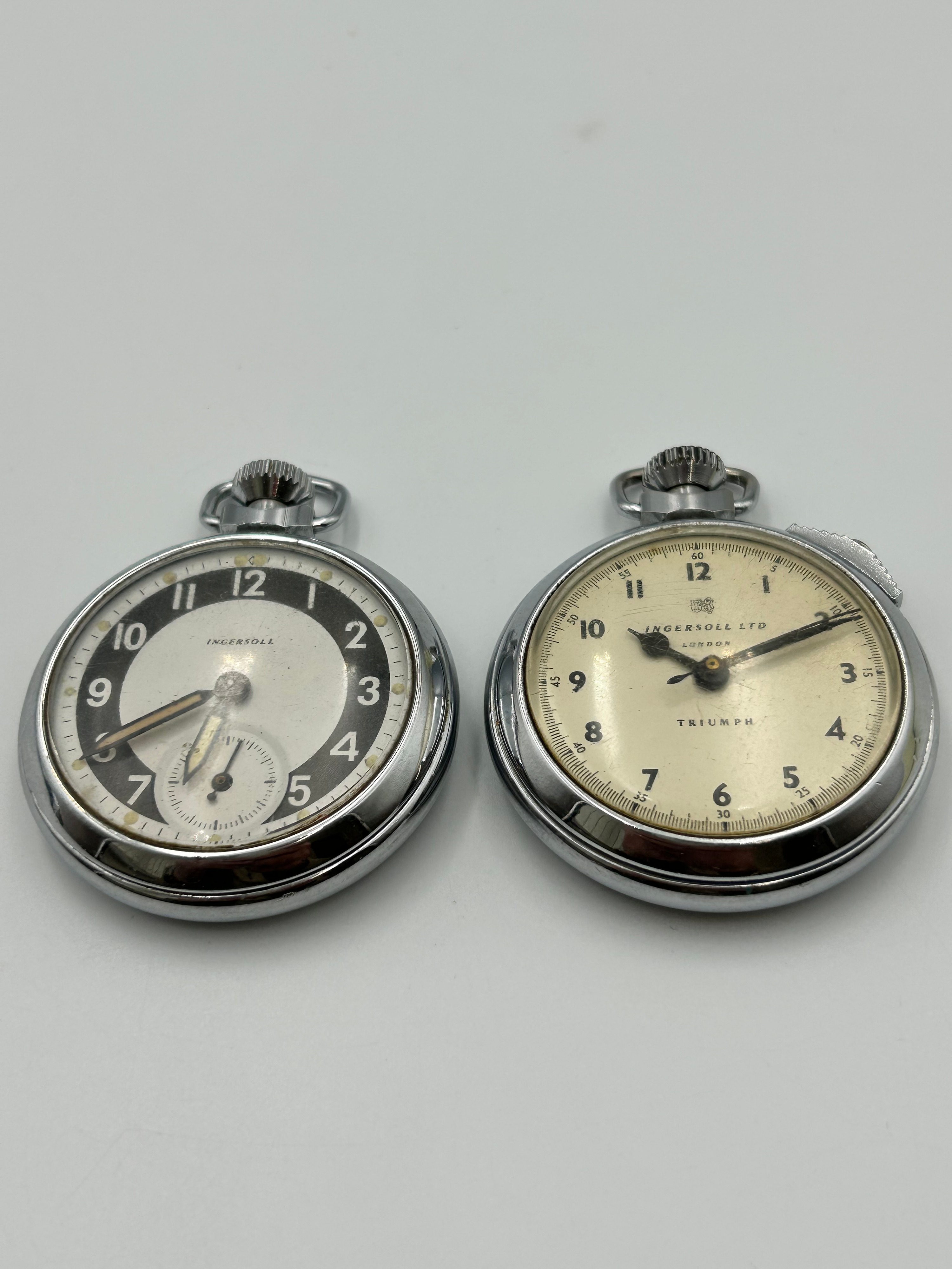 Ingersoll and Ingersoll Ltd Triumph Chrome-Plated? Manual Wind Pocket Watches ,Running When Listed
