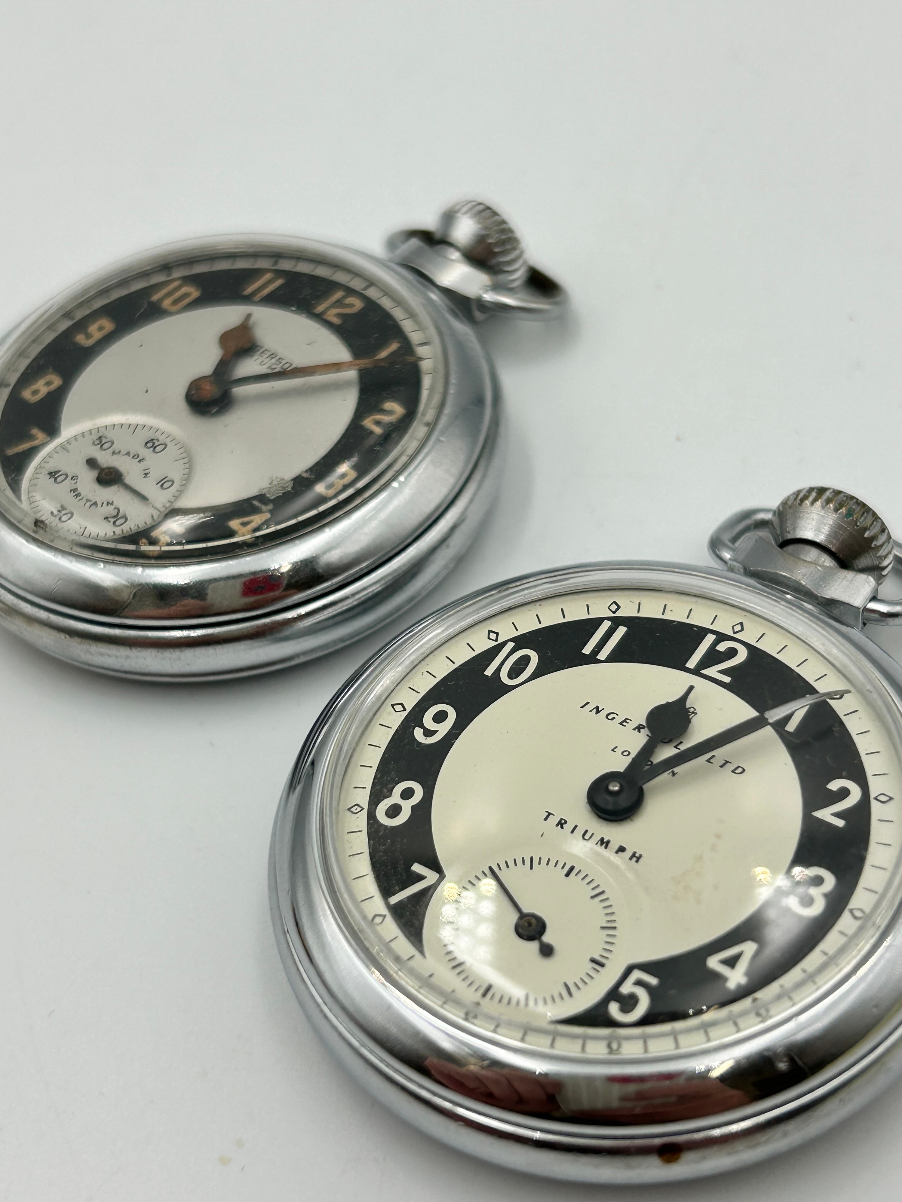 Two Ingersoll Triumph White Metal Pocket Watches ,Running When Listed