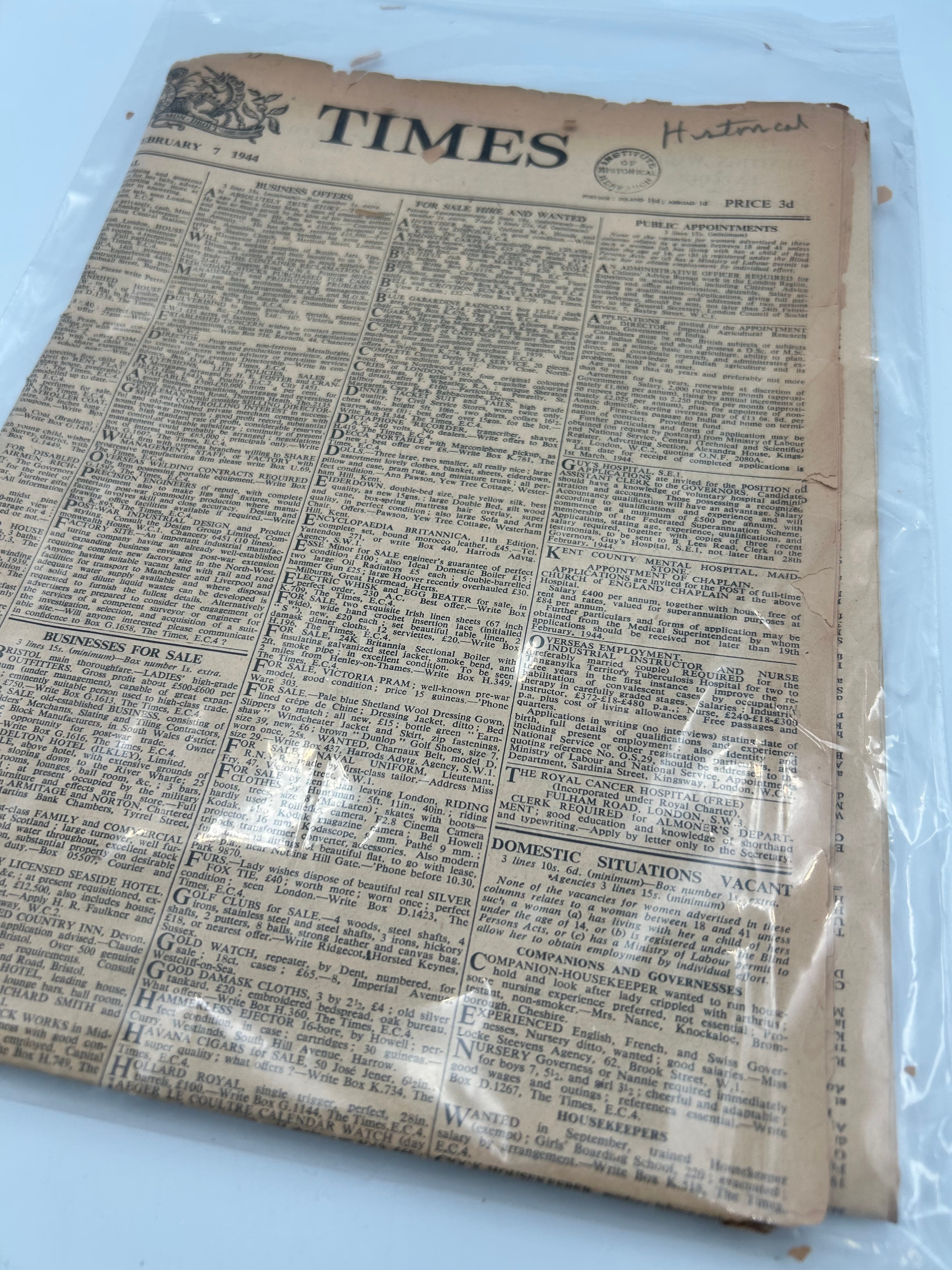 The Times Paper Newspaper Page, 7th February 1944