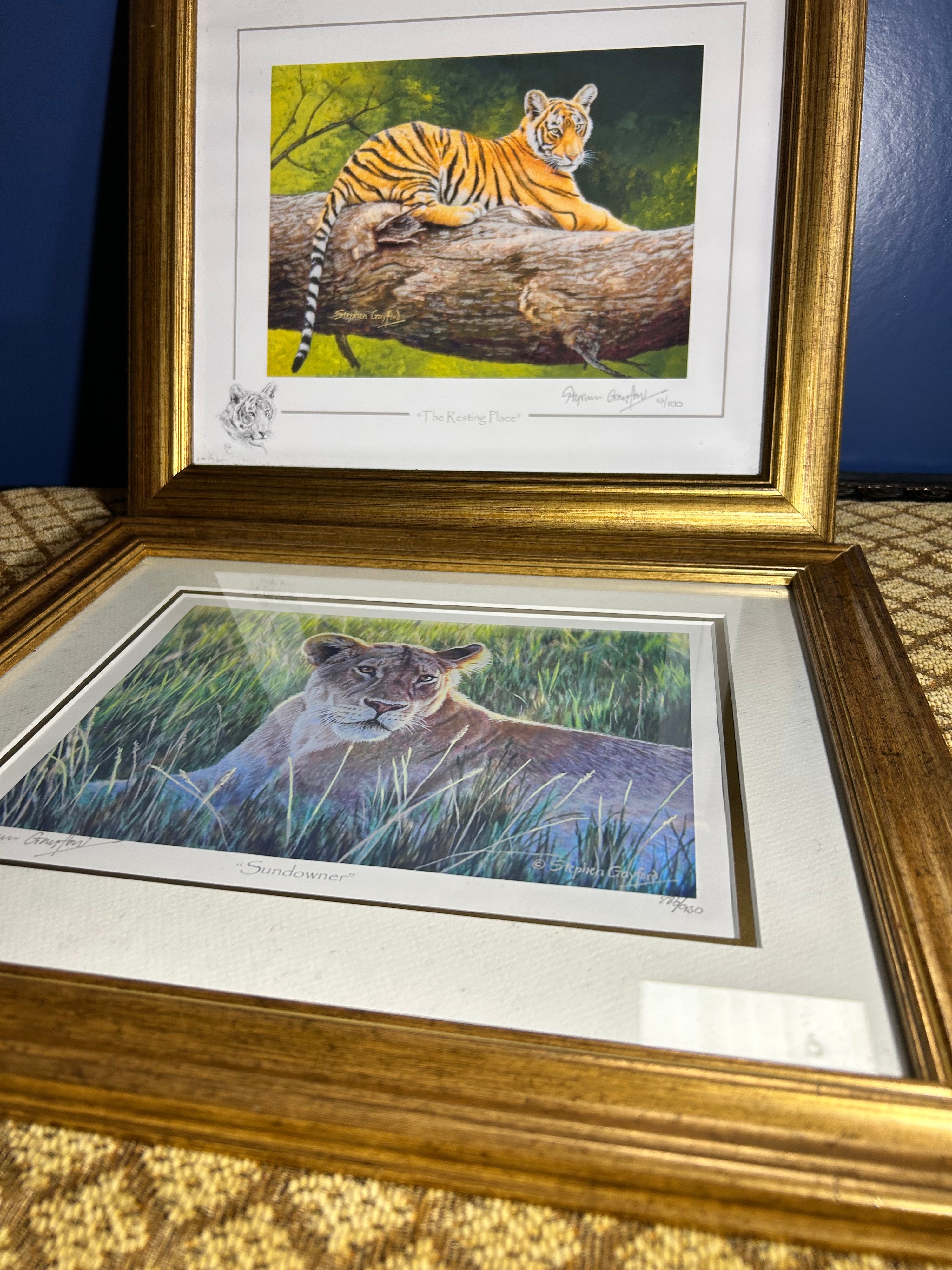 A Pair of Gilt-Metal Effect Framed Wildlife Prints by Stephen Gayford