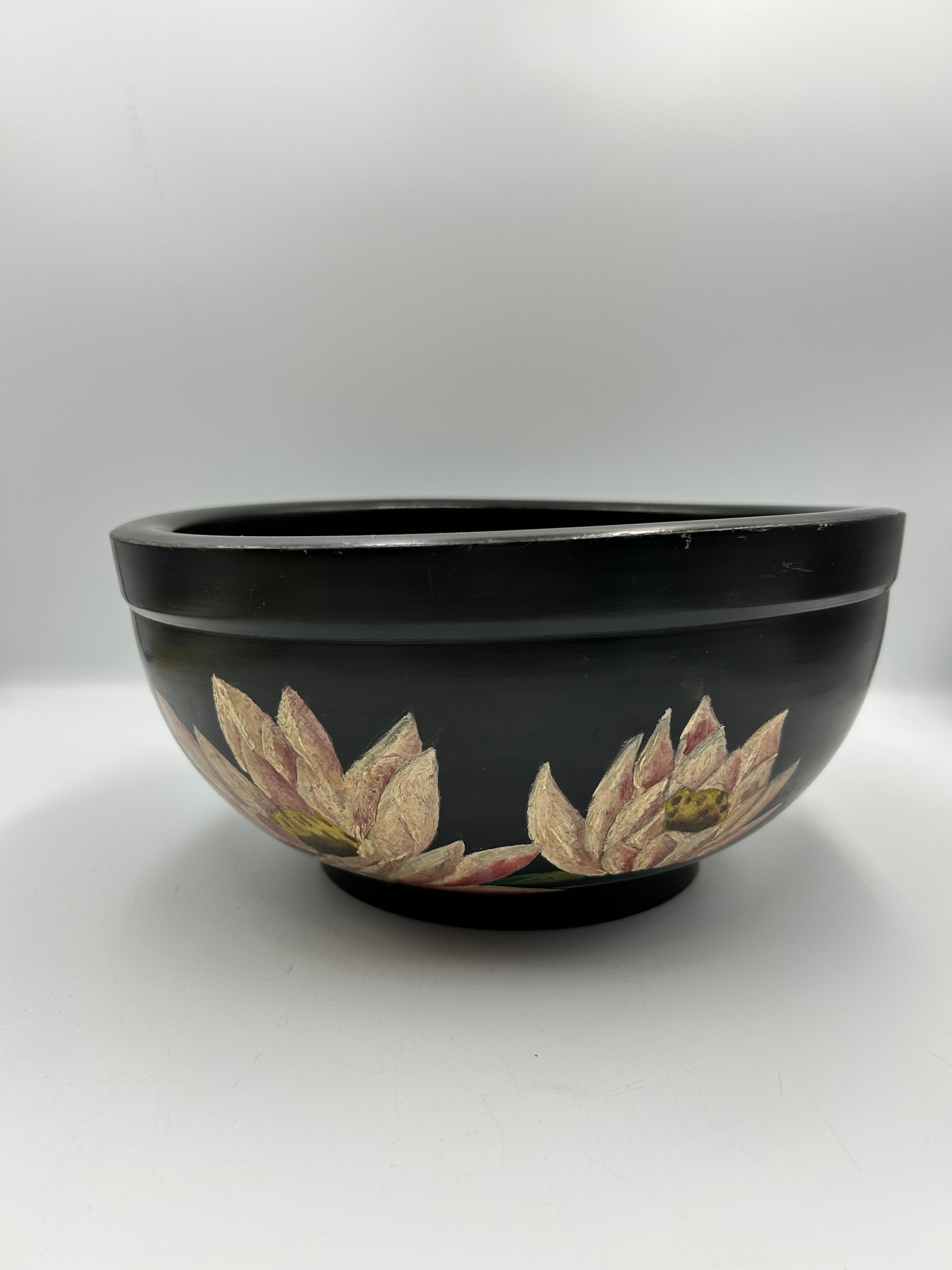 Turned Wooden Bowl with Hand-Painted Floral Decoration, 9.5"