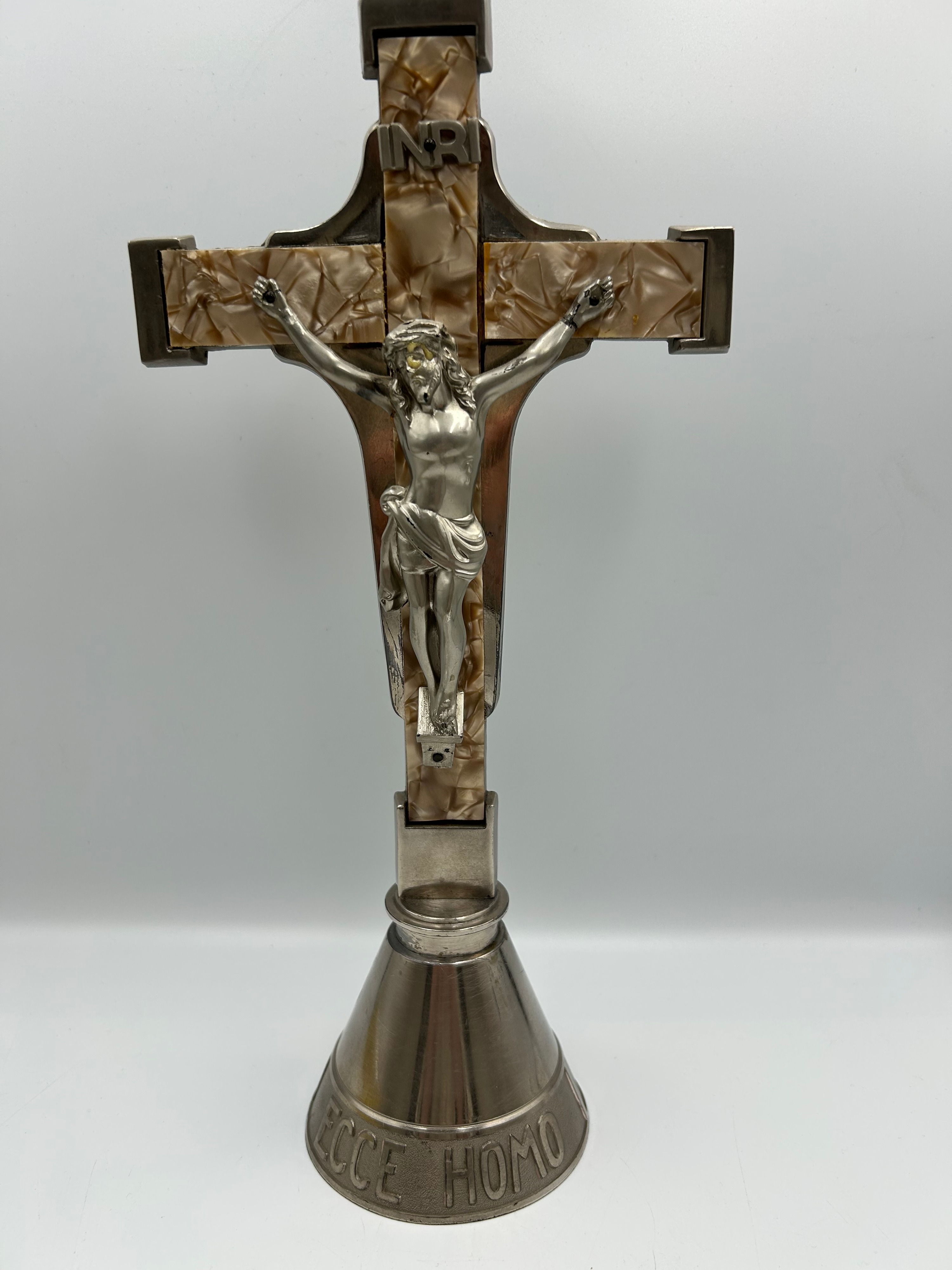 Mid-Century White Metal and Pearloid Standing Crucifix, 5"