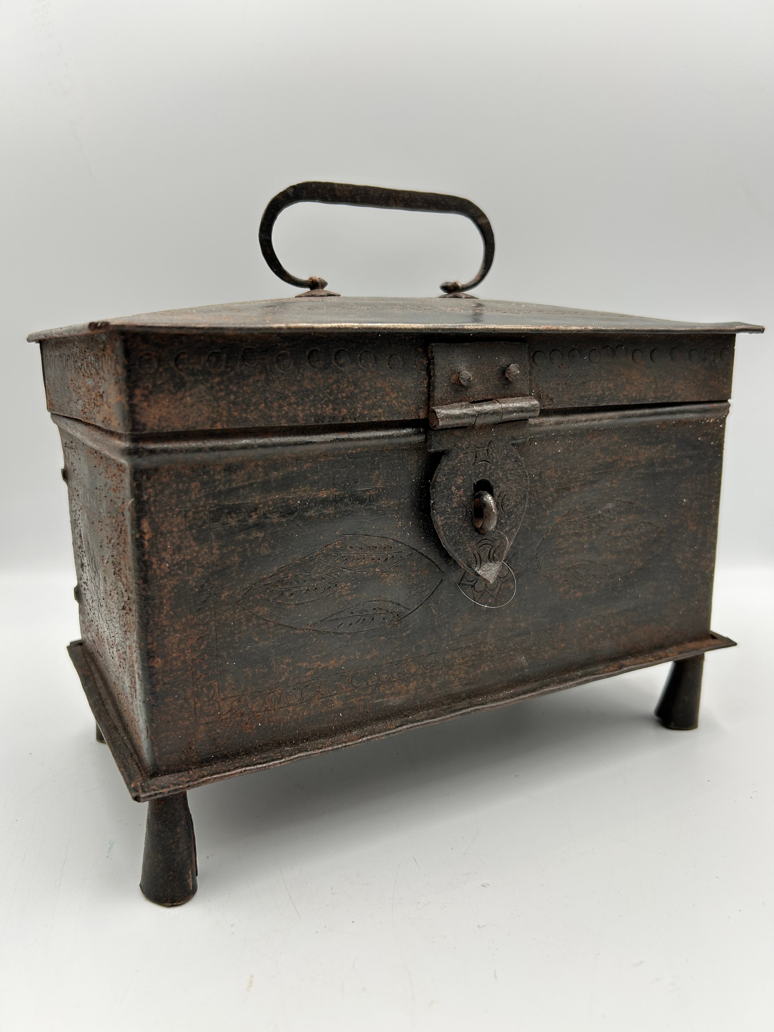 A Late 19th Century? Anglo Indian? Wrought Iron Storage Box with Foliate Engraving