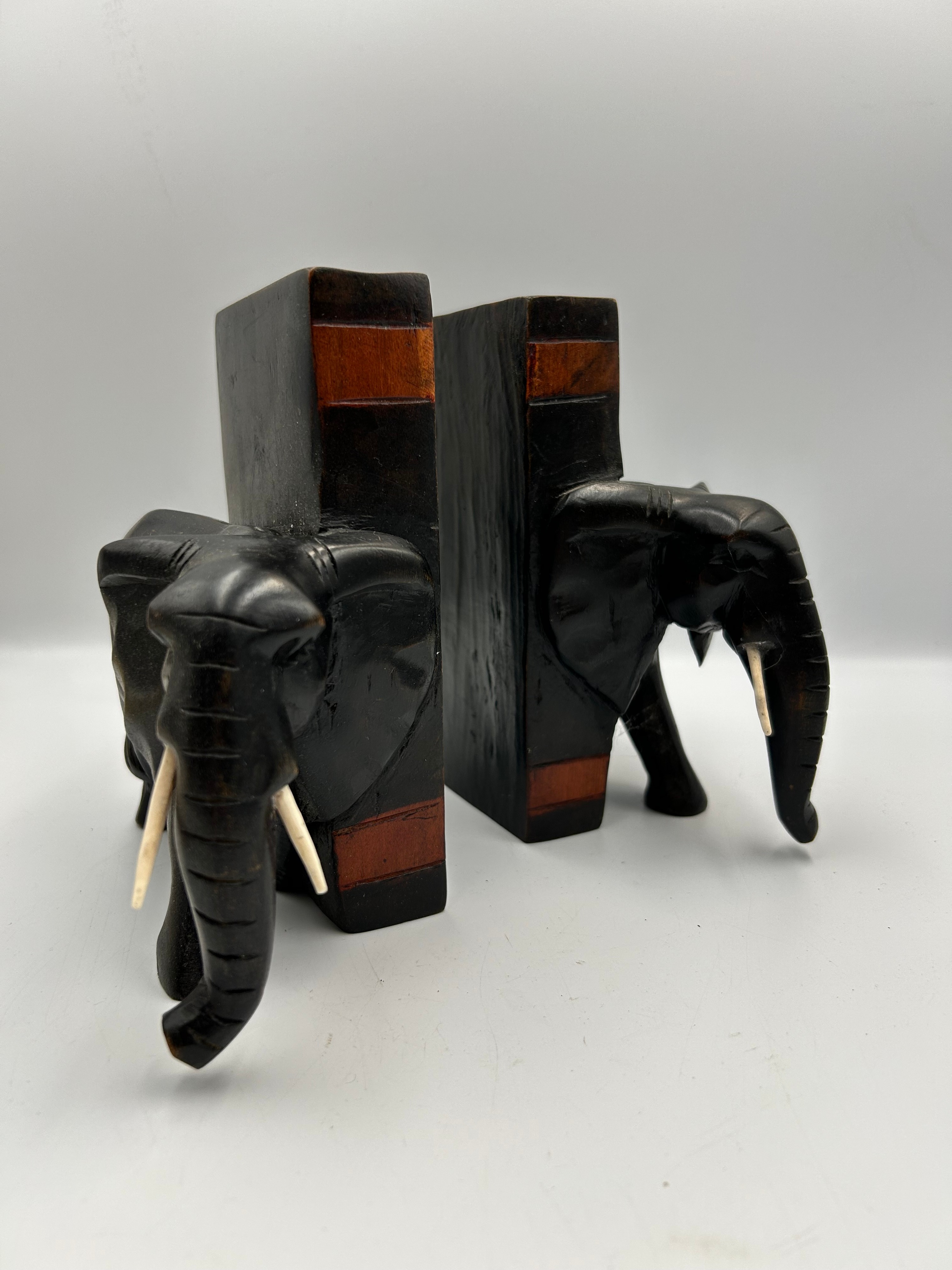A Pair of Mid-20th Century? Hand-Carved Ebony? and Bone? Elephant Bookends